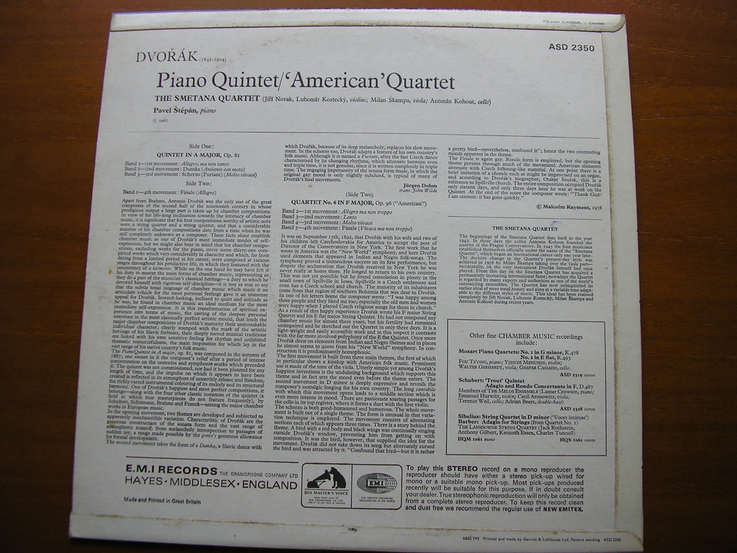 DVORAK: PIANO QUINTET / QUARTET No. 6 'American' THE SMETANA QUARTET / PAVEL STEPAN ASD 2350