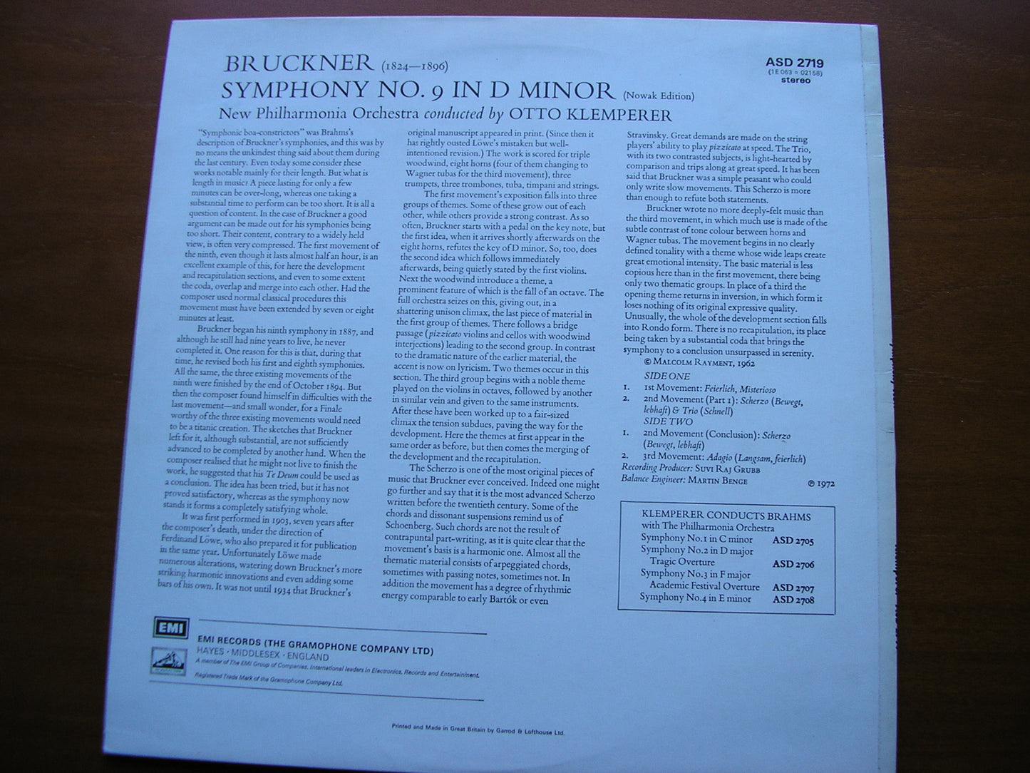 BRUCKNER: SYMPHONY No. 9 KLEMPERER / NEW PHILHARMONIA ASD 2719