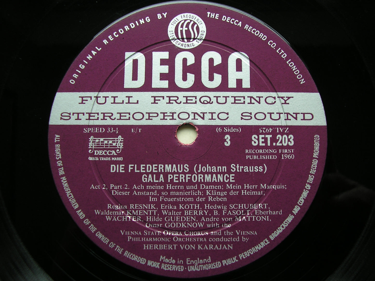STRAUSS: DIE FLEDERMAUS Gala Performance SOLOISTS / VIENNA PHILHARMONIC ORCHESTRA / KARAJAN SET 201 - 203