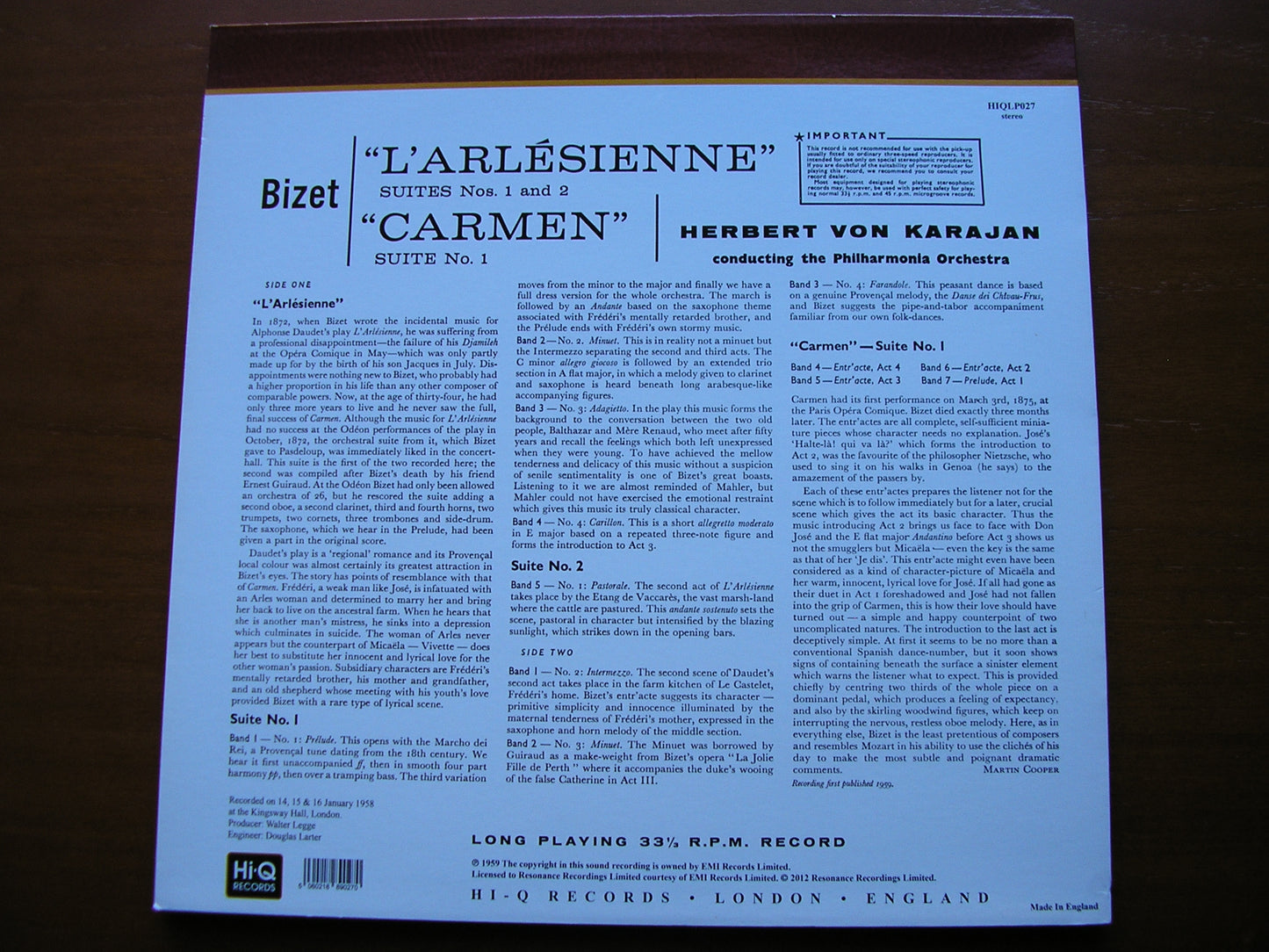 BIZET: L'ARLESIENNE Suites Nos. 1 & 2 / CARMEN Suite No. 1    KARAJAN / PHILHARMONIA   HIQLP027