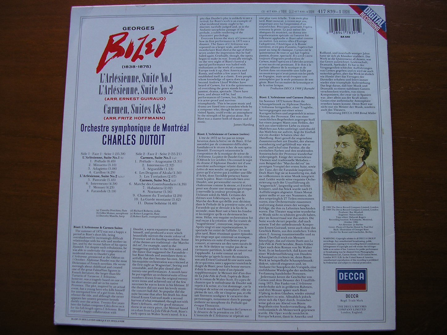 BIZET: L'ARLESIENNE SUITES Nos. 1 & 2 / CARMEN Suites Nos. 1 & 2 DUTOIT / MONTREAL SYMPHONY 417 839