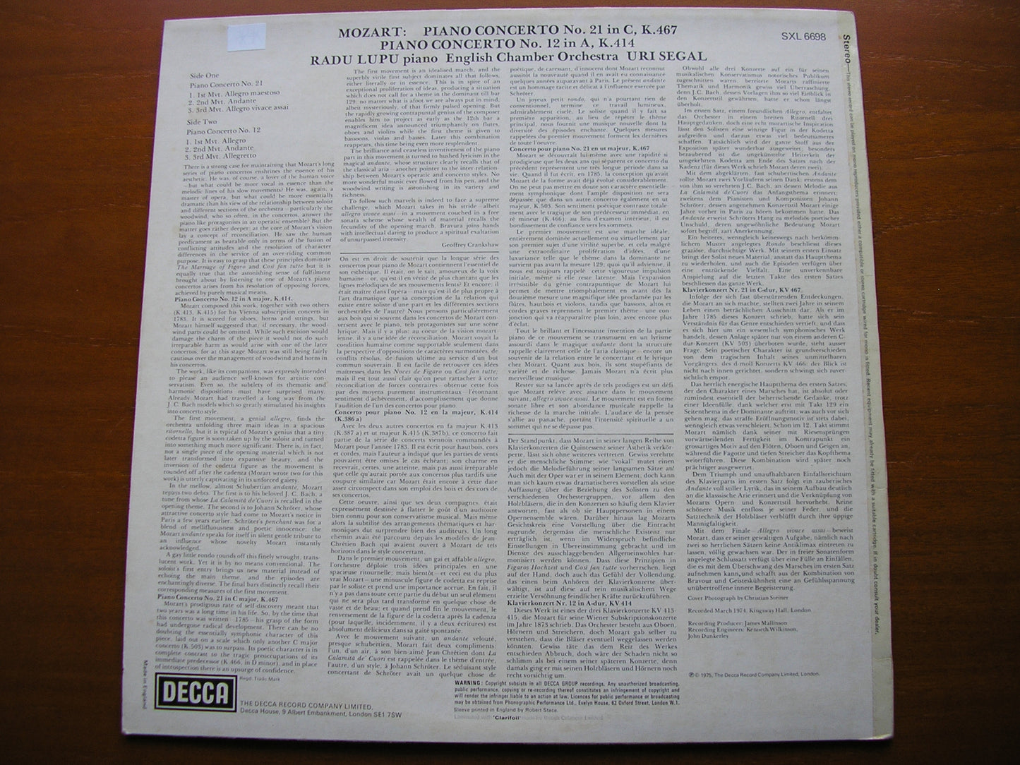 MOZART: PIANO CONCERTOS Nos. 12 K414 & 21 K467 RADU LUPU / ENGLISH CHAMBER ORCHESTRA / URI SEGAL SXL 6698