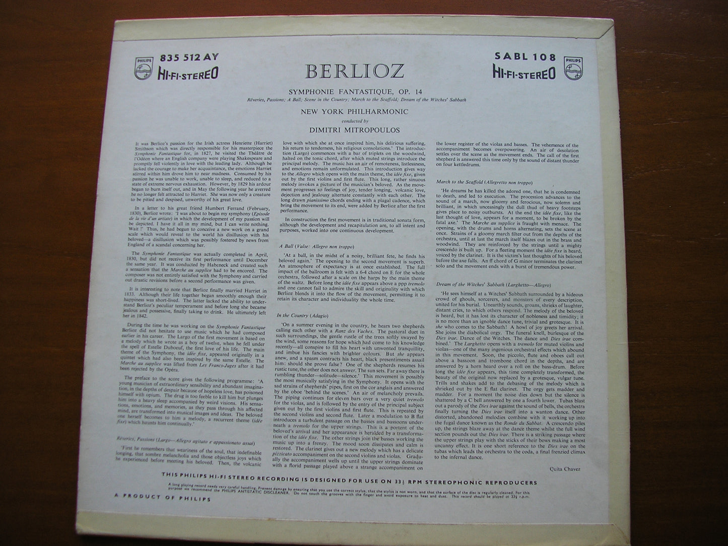BERLIOZ: SYMPHONIE FANTASTIQUE MITROPOULOS / NEW YORK PHILHARMONIC ORCHESTRA SABL 108