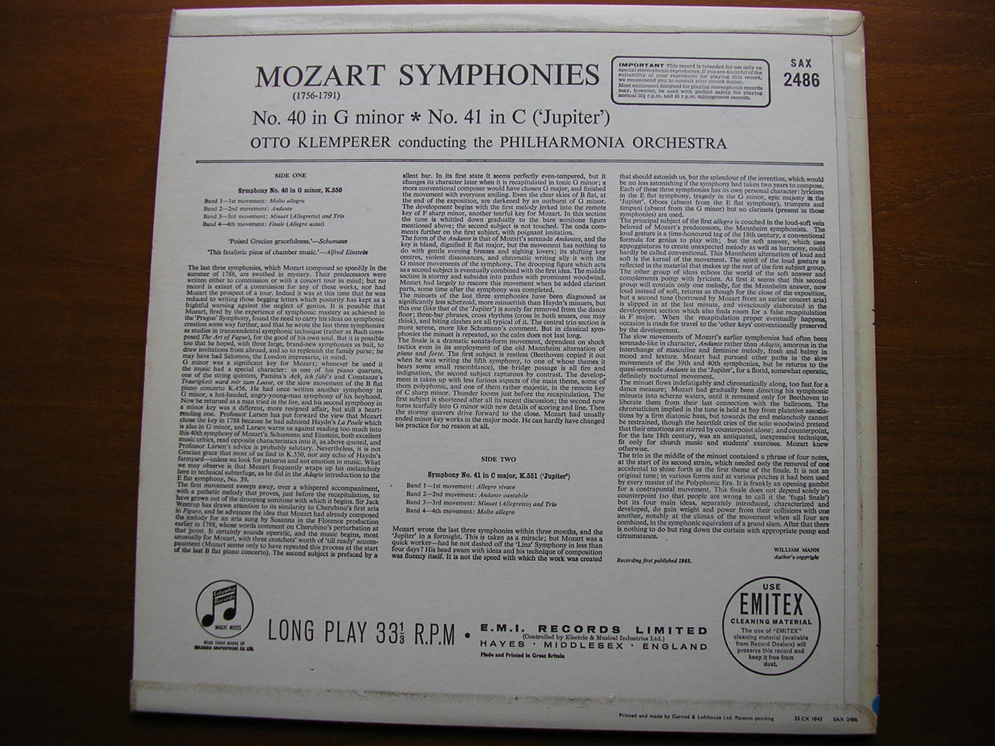 MOZART: SYMPHONIES Nos. 40 & 41 'Jupiter'    OTTO KLEMPERER / PHILHARMONIA    SAX 2486