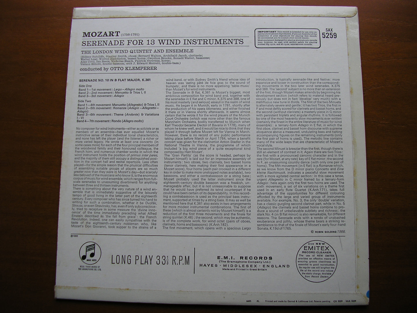 MOZART: SERENADE No. 10 FOR 13 WIND INSTRUMENTS K361     OTTO KLEMPERER / THE LONDON WIND QUINTET & ENSEMBLE    SAX 5259