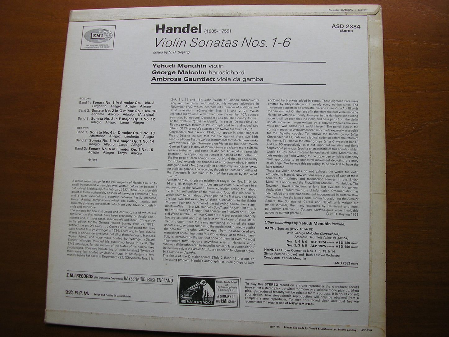 HANDEL: SIX SONATAS FOR VIOLIN / VIOLA DA GAMBA / HARPSICHORD   MENUHIN / GAUNTLETT / MALCOLM     ASD 2384