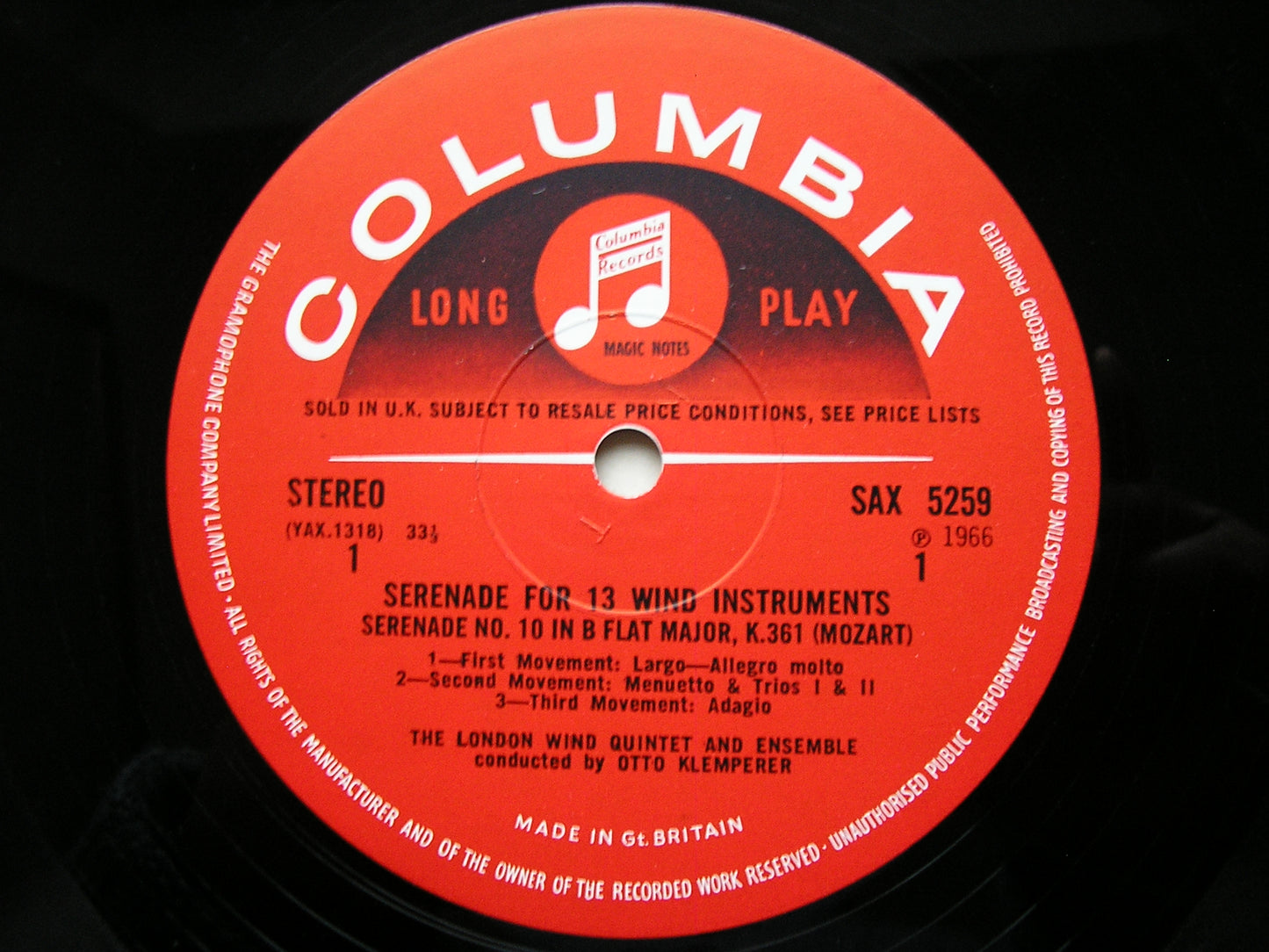 MOZART: SERENADE No. 10 FOR 13 WIND INSTRUMENTS K361     OTTO KLEMPERER / THE LONDON WIND QUINTET & ENSEMBLE    SAX 5259
