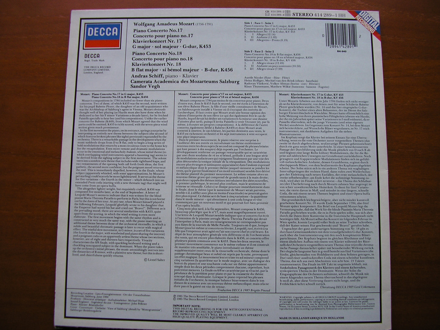 MOZART: PIANO CONCERTOS Nos. 17 & 18     ANDRAS SCHIFF / CAMERATA ACADEMICA / SANDOR VEGH    414 289