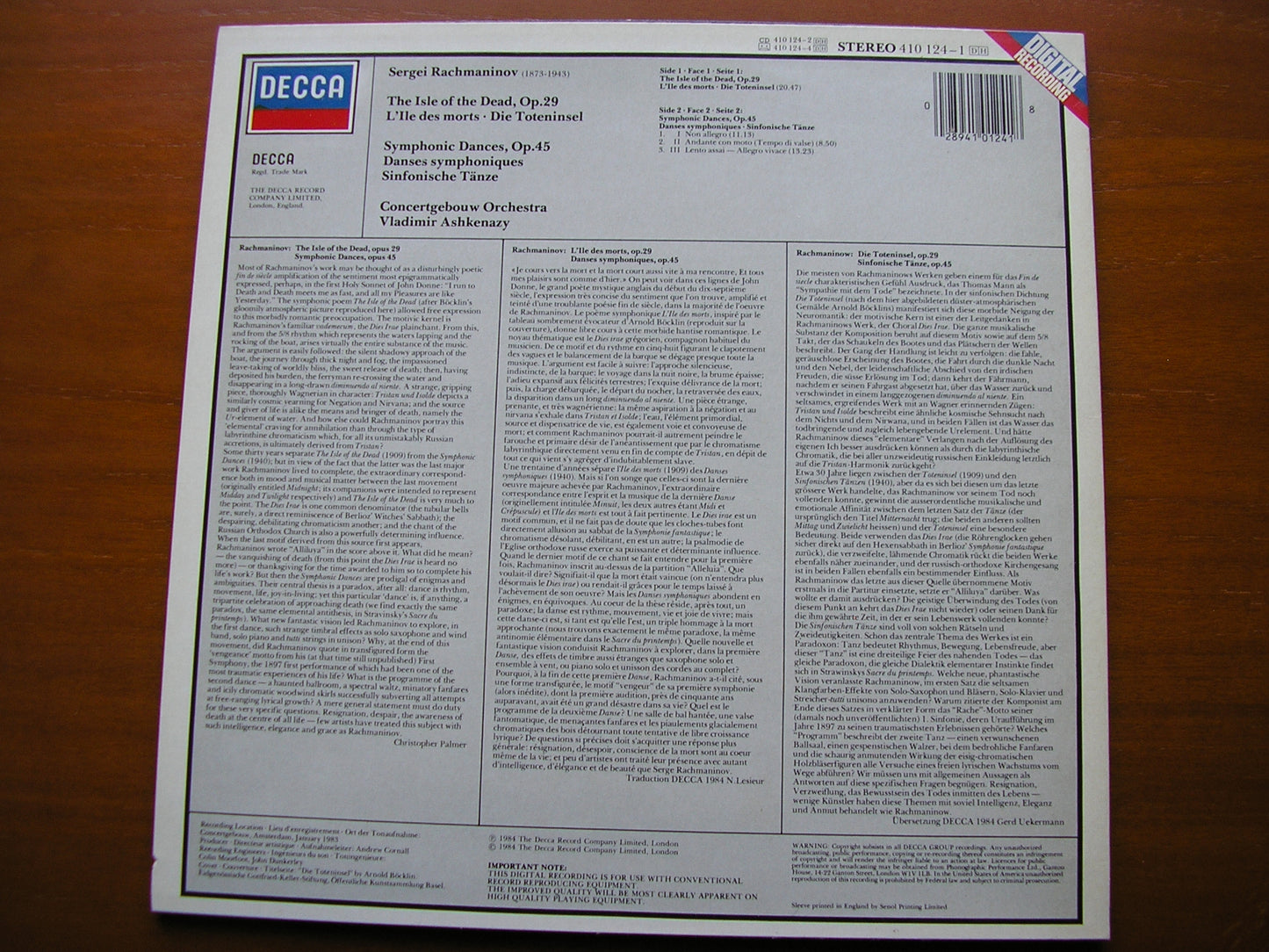 RACHMANINOV: ISLE OF THE DEAD / SYMPHONIC DANCES    ASHKENAZY / CONCERTGEBOUW ORCHESTRA    410 124