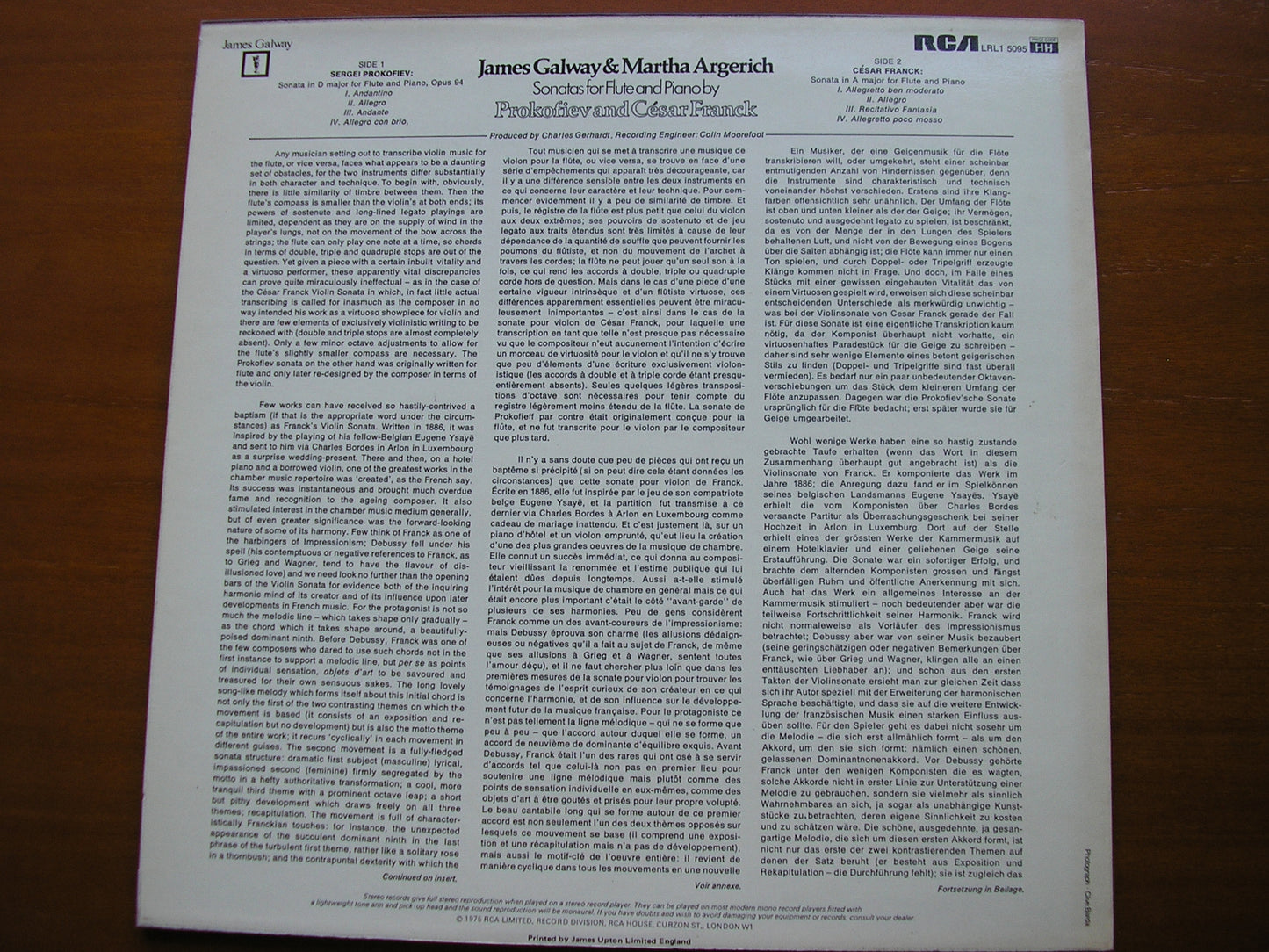 FRANCK / PROKOFIEV: SONATAS FOR FLUTE & PIANO JAMES GALWAY / MARTHA ARGERICH LRL1 5095