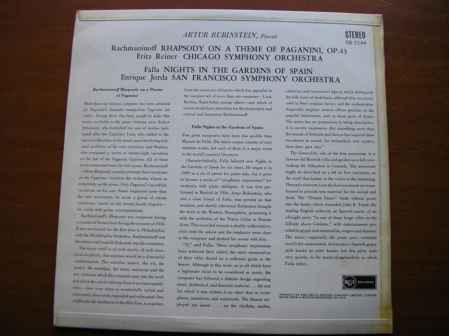 RACHMANINOV: RHAPSODY ON A THEME OF PAGANINI / FALLA: NIGHTS IN THE GARDENS OF SPAIN      RUBINSTEIN / REINER / CSO / JORDA / SFSO    SB 2144