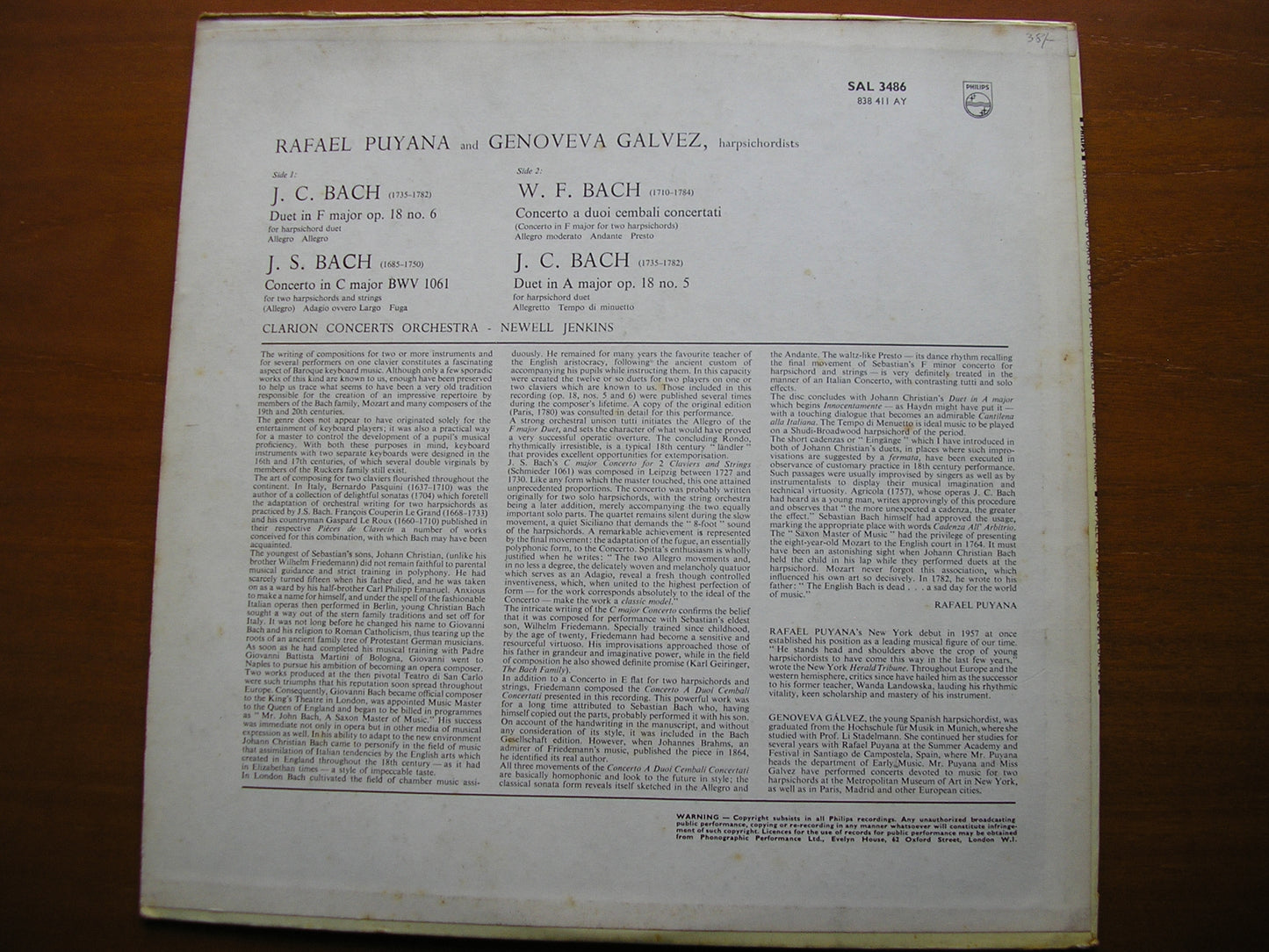 BACH JS / JC / WF: HARPSICHORD CONCERTOS & DUETS PUYANA / GALVEZ / CLARION CONCERTS ORCHESTRA / JENKINS SAL 3486