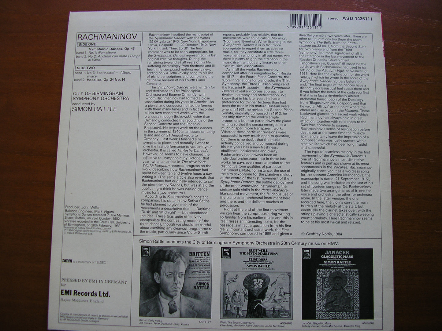 RACHMANINOV: VOCALISE / SYMPHONIC DANCES    RATTLE / CITY OF BIRMINGHAM SYMPHONY   ASD 1436111