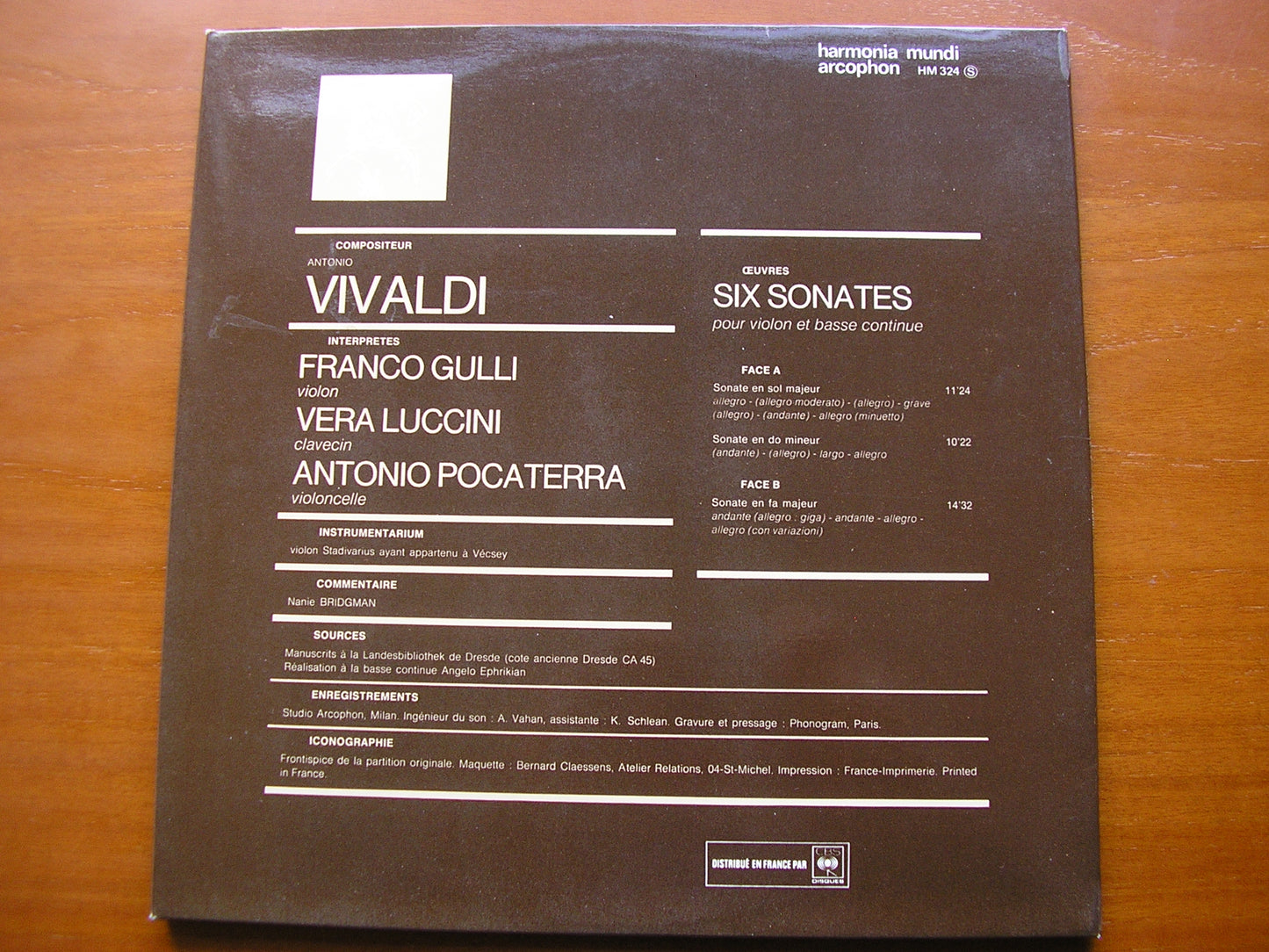 VIVALDI: SIX SONATAS FOR VIOLIN & BASSO CONTINUO GULLI / LUCCINI / POCATERRA HM 324