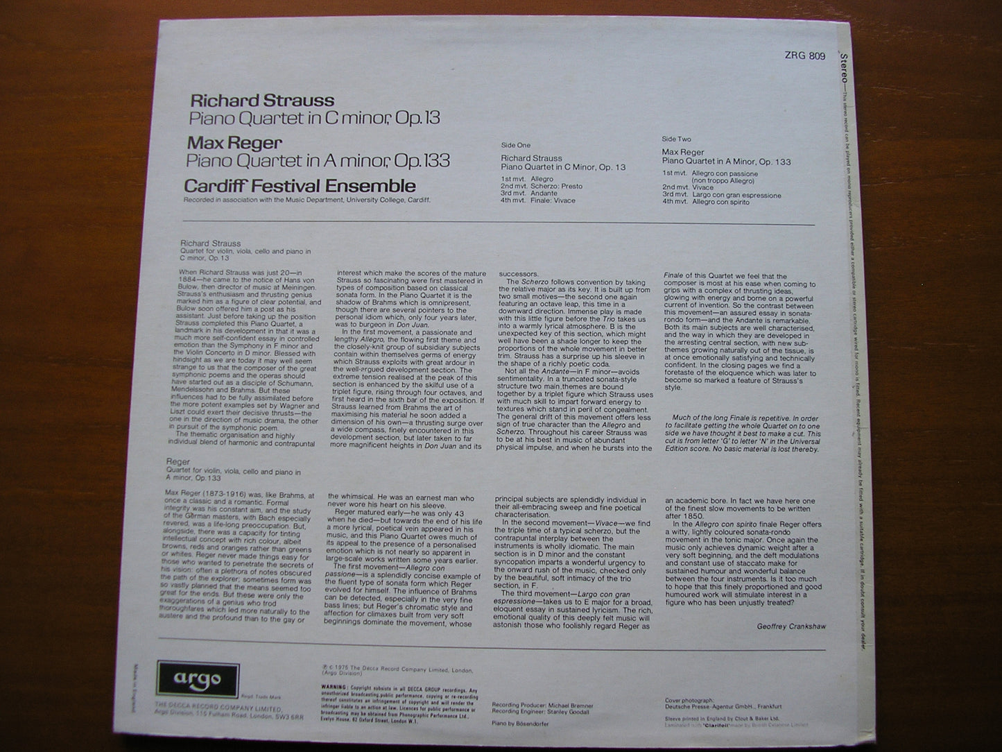 STRAUSS: PIANO QUARTET in C / REGER: PIANO QUARTET in A CARDIFF FESTIVAL ENSEMBLE ZRG 809
