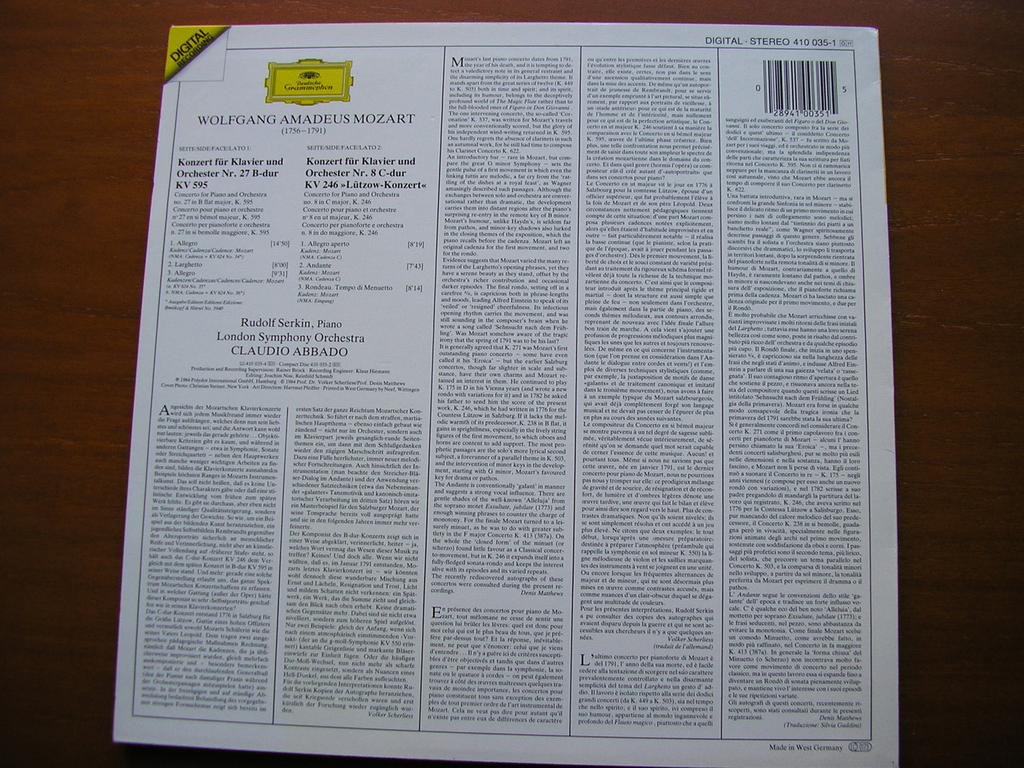MOZART: PIANO CONCERTOS Nos. 8 & 27 SERKIN / LONDON SYMPHONY / ABBADO 410 035