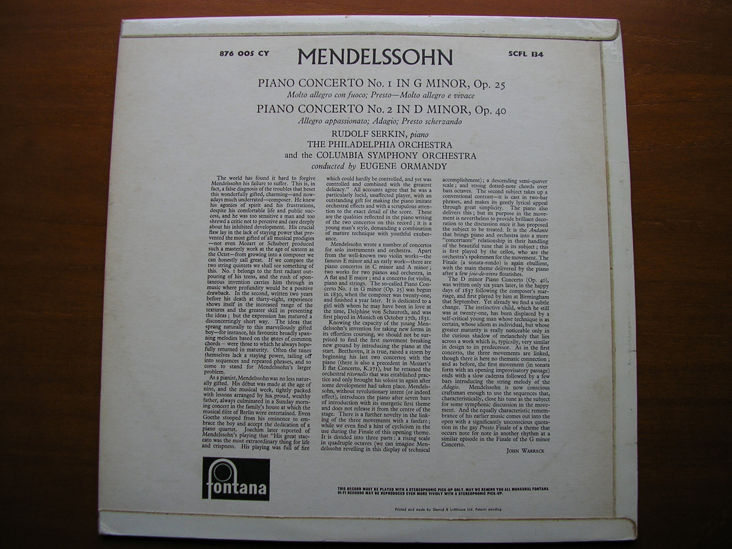 MENDELSSOHN: PIANO CONCERTOS Nos. 1 & 2    SERKIN / PHILADELPHIA ORCHESTRA / ORMANDY    SCFL 134