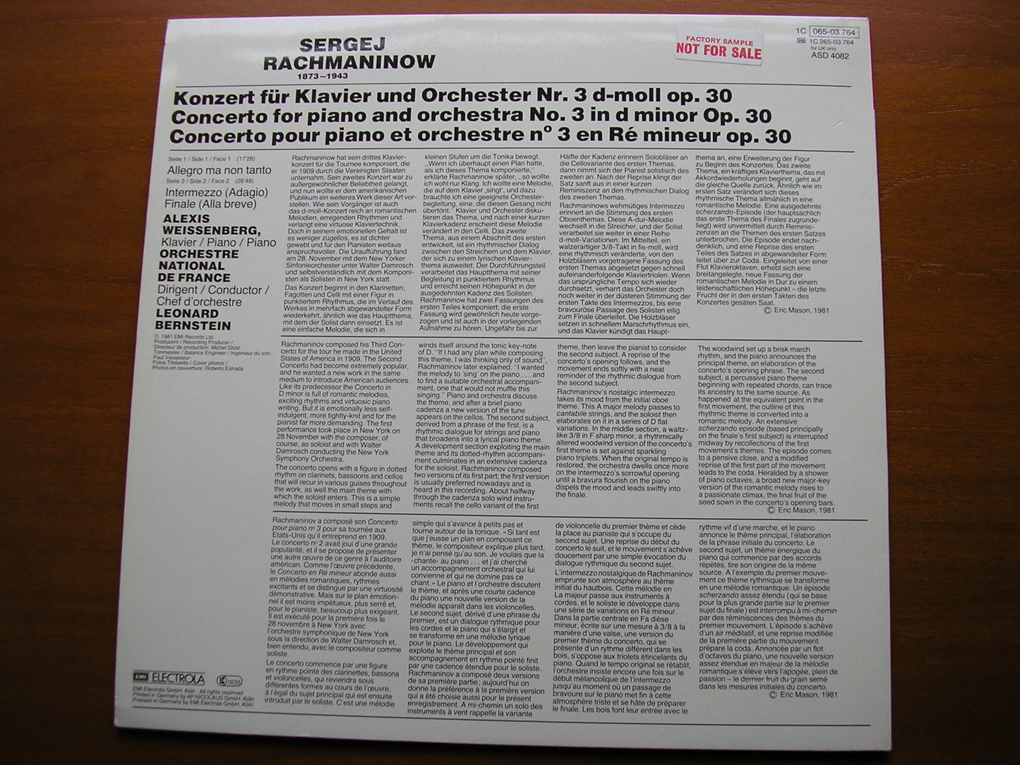 RACHMANINOV: PIANO CONCERTO No. 3    WEISSENBERG / FRENCH NATIONAL ORCHESTRA / BERNSTEIN    ASD 4082