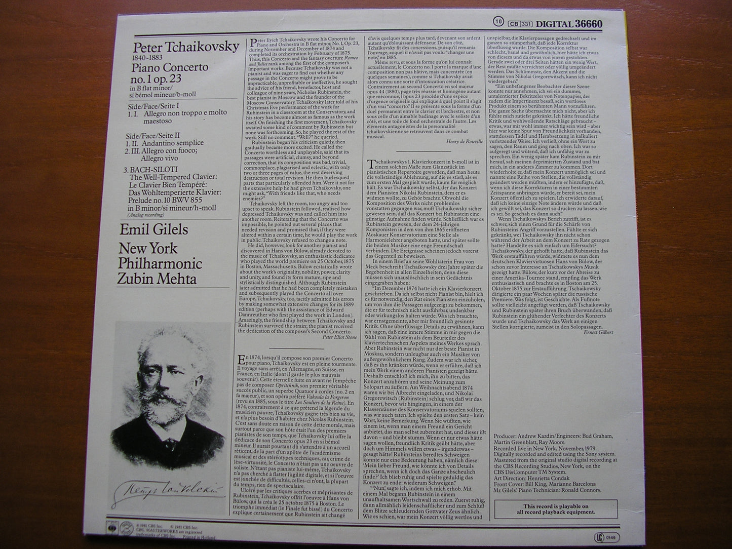 TCHAIKOVSKY: PIANO CONCERTO No. 1 GILELS / NEW YORK PHILHARMONIC / MEHTA 36660