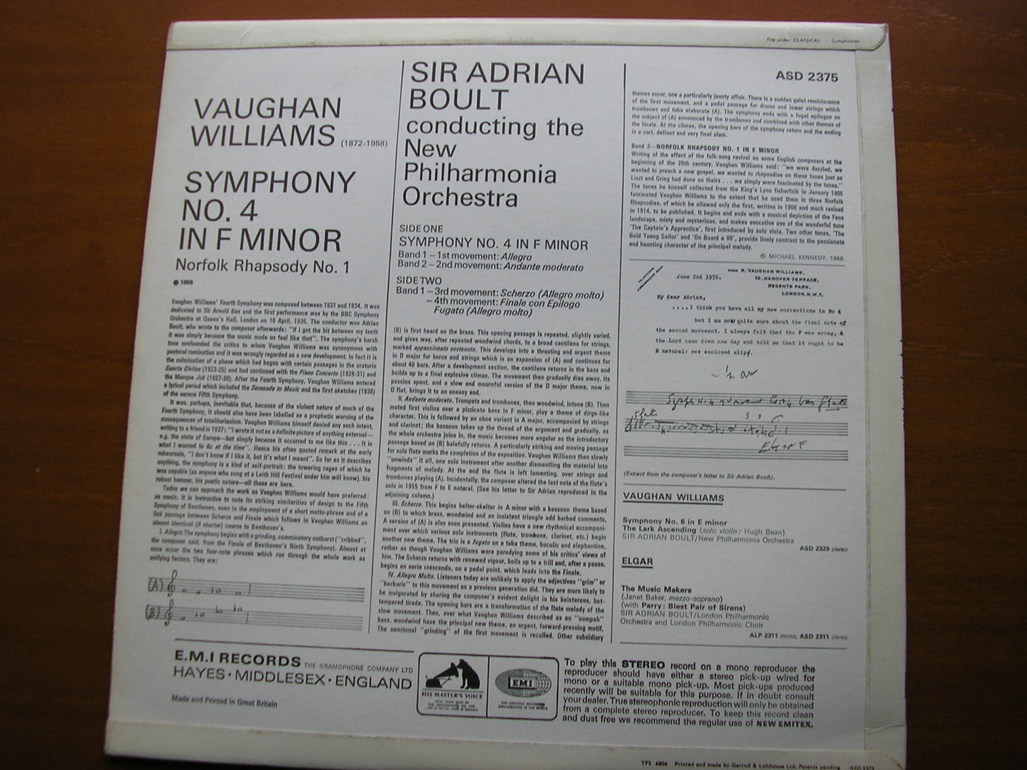 VAUGHAN WILLIAMS: SYMPHONY No. 4 BOULT / NEW PHILHARMONIA ASD 2375