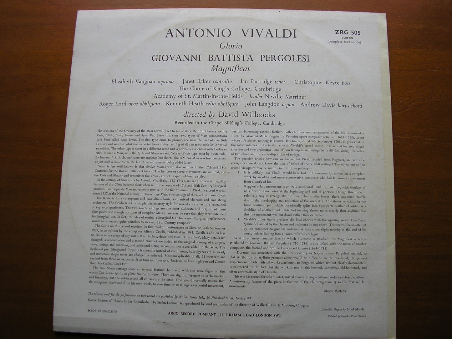 VIVALDI: GLORIA / PERGOLESI: MAGNIFICAT SOLOISTS / KING'S COLLEGE / WILLCOCKS ZRG 505