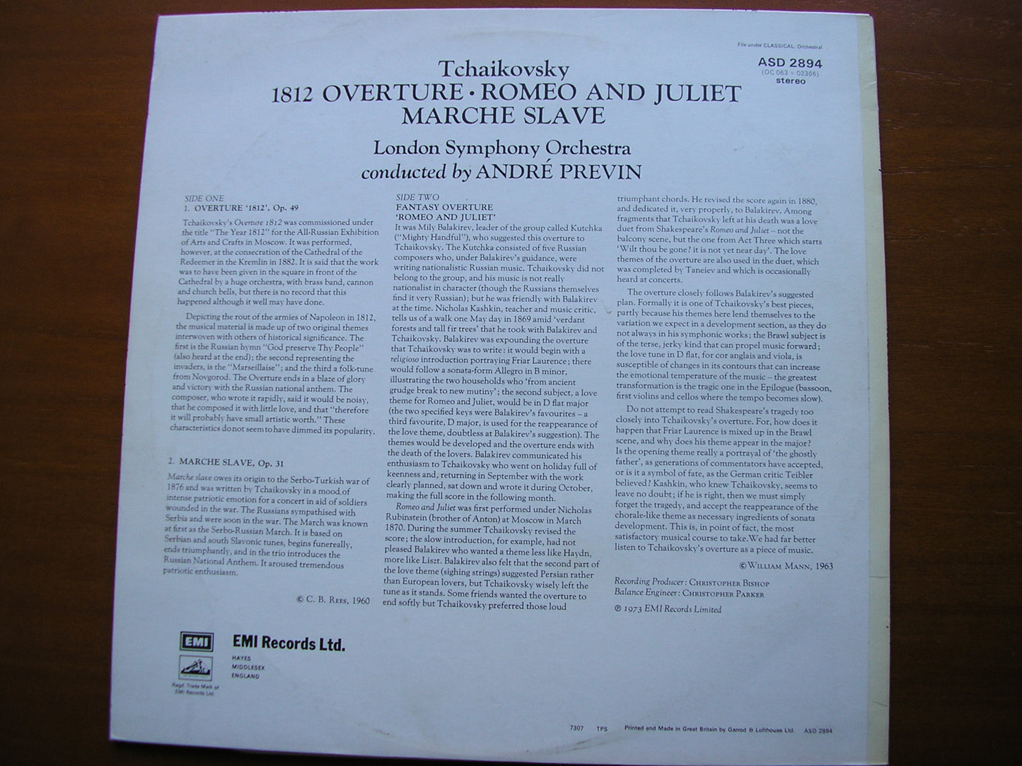 TCHAIKOVSKY: 1812 / ROMEO & JULIET / MARCHE SLAVE PREVIN / LONDON SYMPHONY ASD 2894