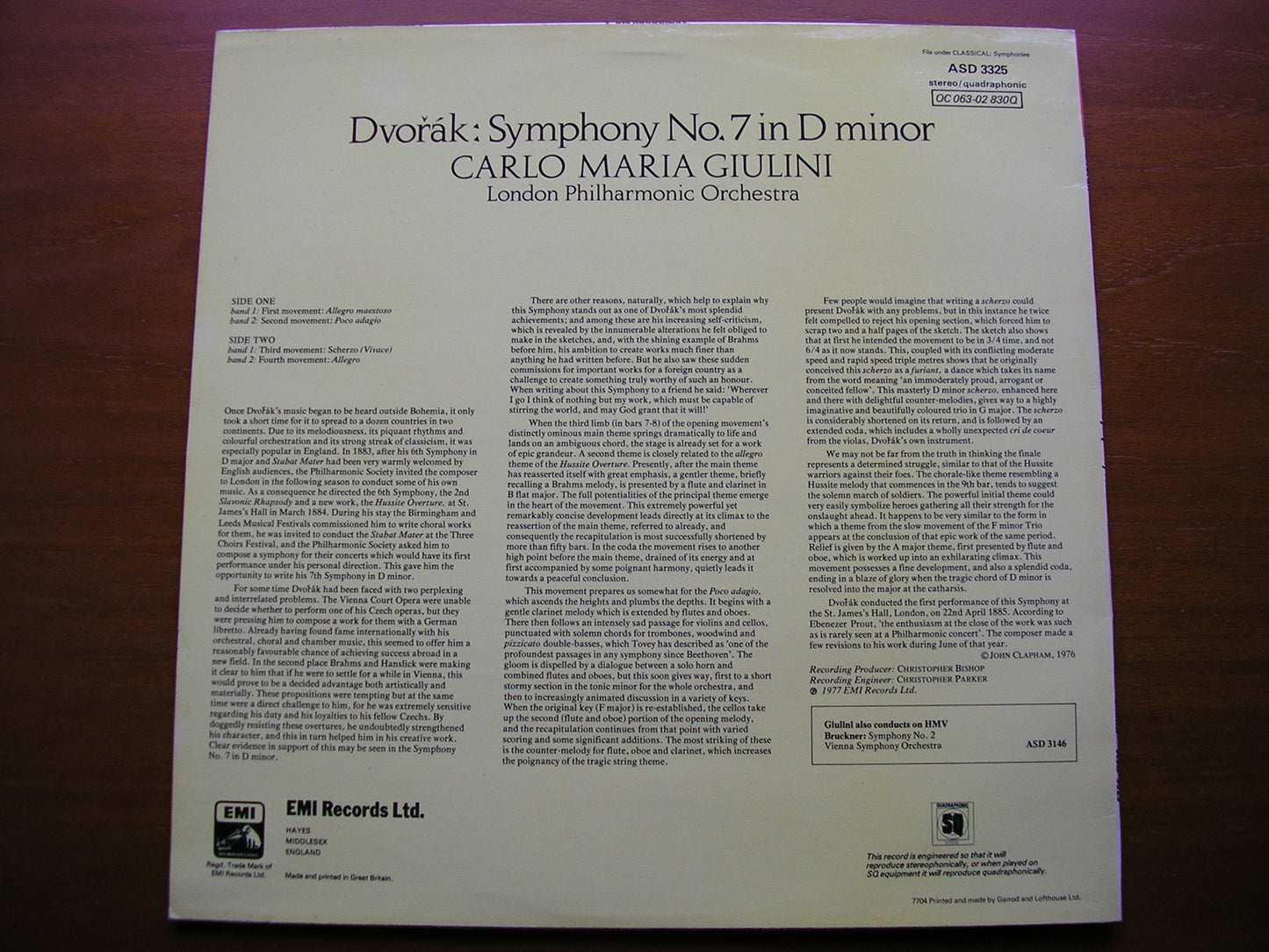DVORAK: SYMPHONY No. 7     GIULINI / LONDON PHILHARMONIC   ASD 3325