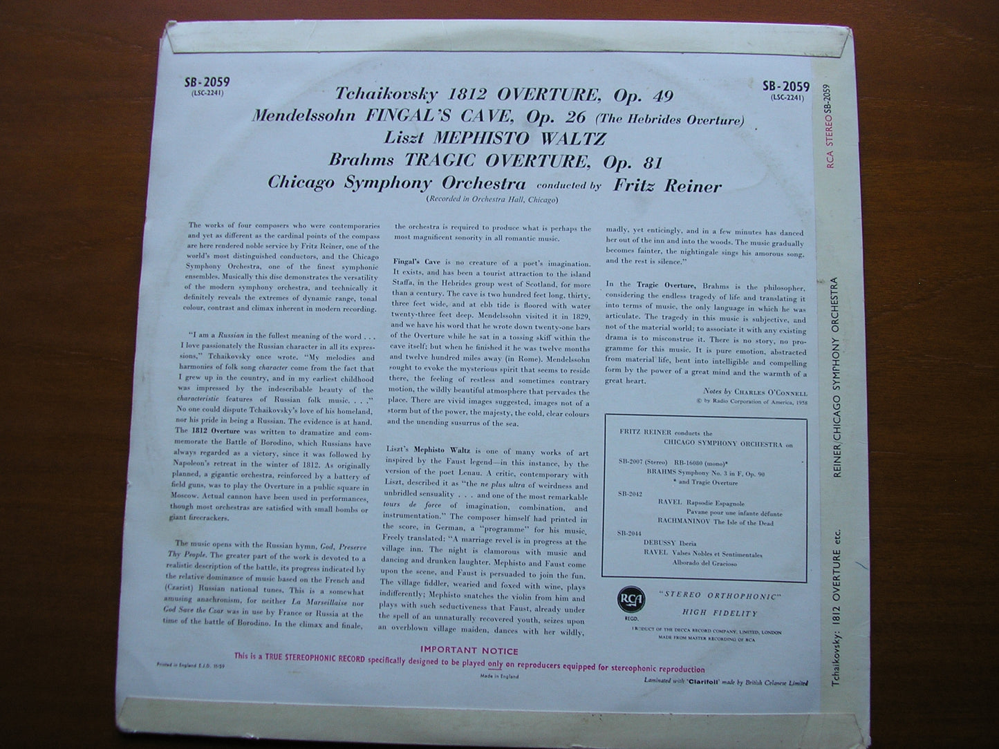 TCHAIKOVSKY: 1812 / LISZT: MEPHISTO WALTZ / MENDELSSOHN: FINGAL'S CAVE / BRAHMS: TRAGIC OVERTURE FRITZ REINER / CHICAGO SYMPHONY SB 2059