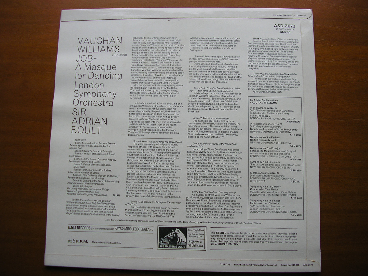 VAUGHAN WILLIAMS: JOB - A Masque for Dancing BOULT / LONDON SYMPHONY ASD 2573