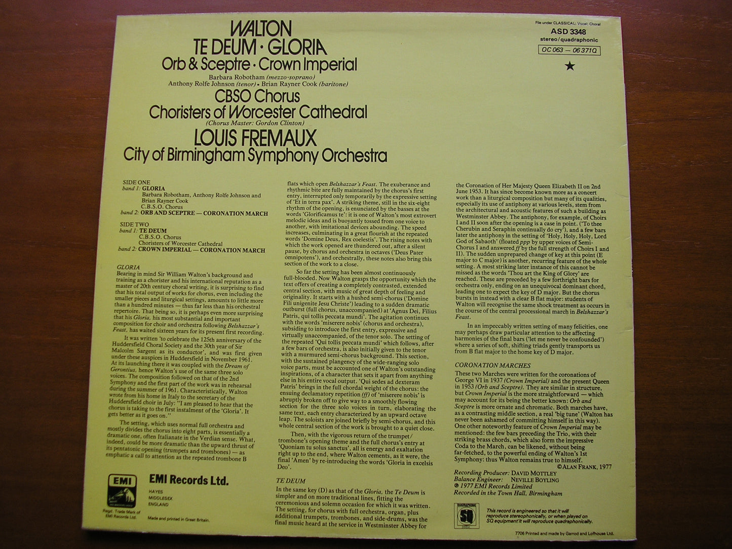 WALTON: TE DEUM / GLORIA / CROWN IMPERIAL / ORB & SCEPTRE    LOUIS FREMAUX / CBSO    ASD 3348