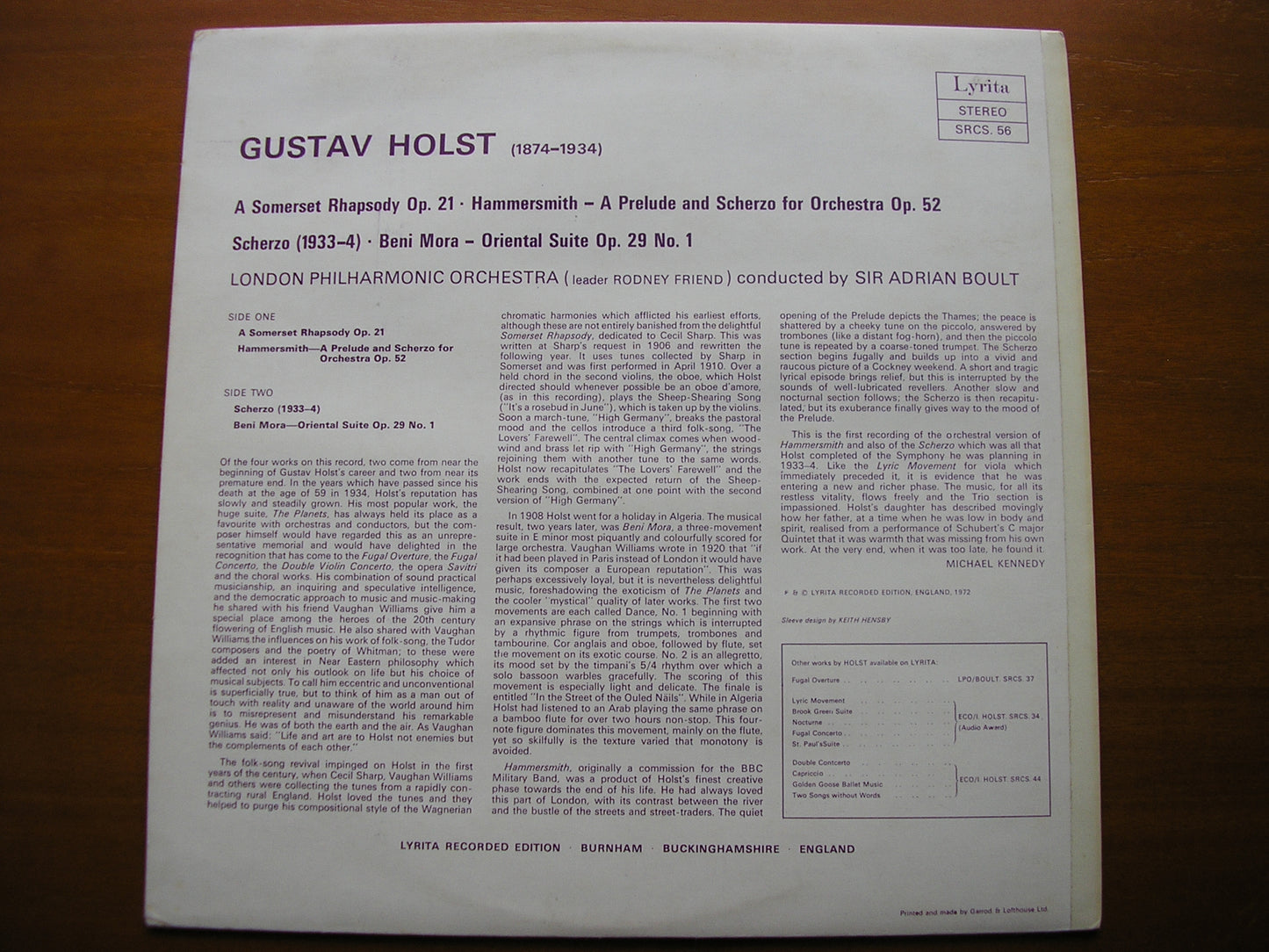 HOLST: A SOMERSET RHAPSODY / HAMMERSMITH / BENI MORA / SCHERZO BOULT / LPO SRCS 56