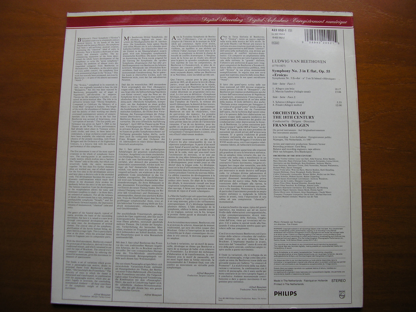 BEETHOVEN: SYMPHONY No. 3 'Eroica' BRUGGEN / ORCHESTRA of the 18th CENTURY 422 052