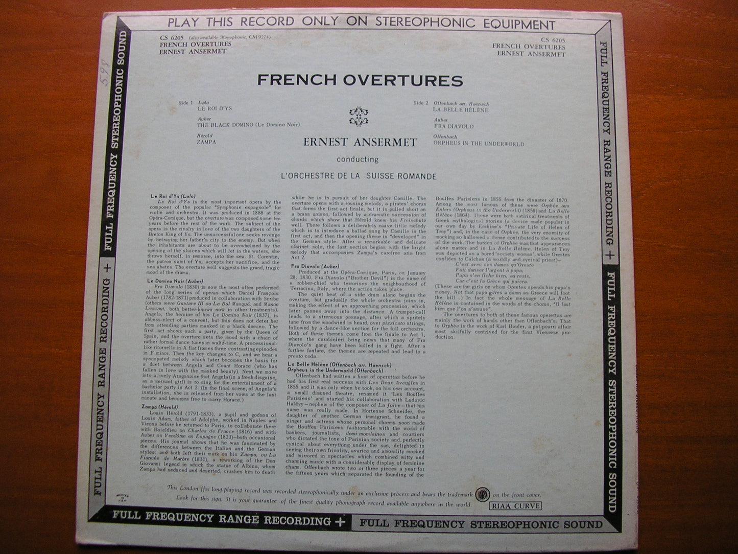 FRENCH OVERTURES: OFFENBACH / HEROLD / LALO / AUBER      ANSERMET / SUISSE ROMANDE    CS 6205