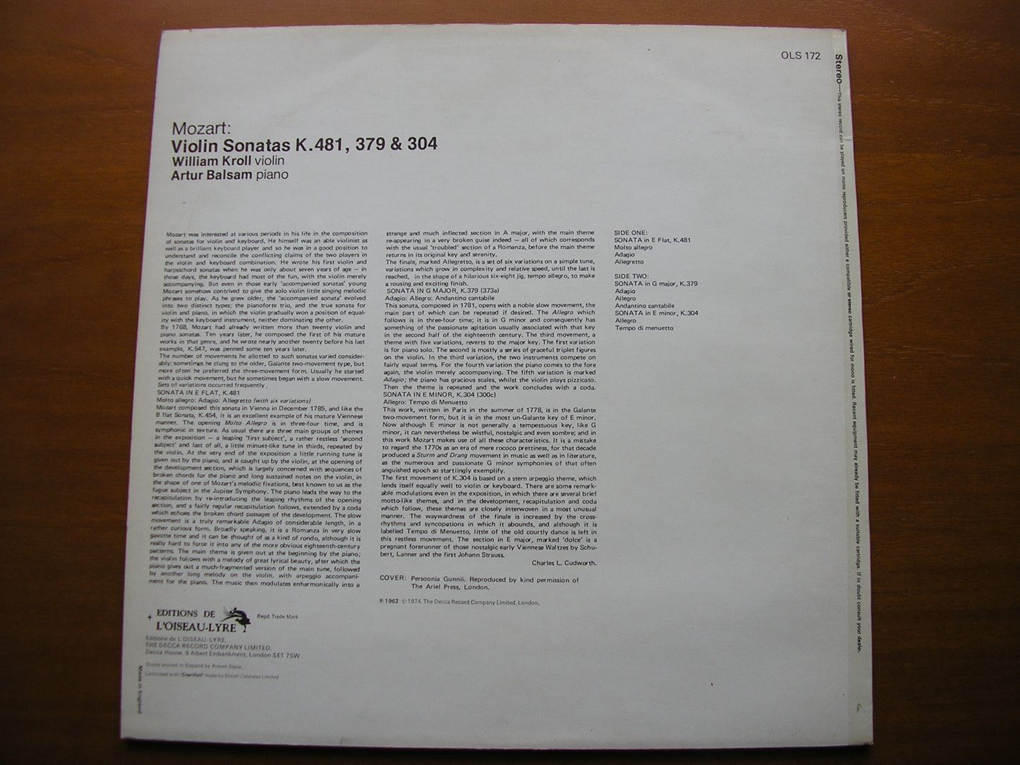 MOZART: VIOLIN SONATAS K304 / K379 / K481 WILLIAM KROLL / ARTHUR BALSAM* OLS 172