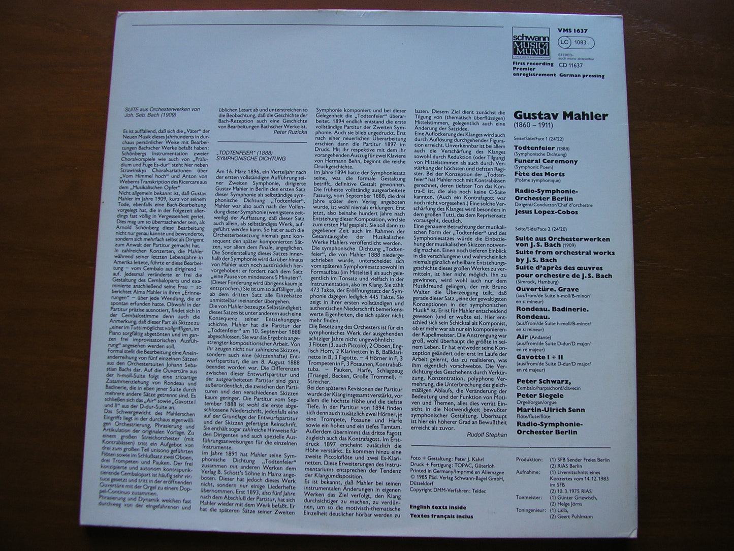 MAHLER: TODTENFEIER / SUITE FROM WORKS OF JS BACH SOLOISTS / BERLIN RADIO ORCHESTRA / JESUS LOPEZ - COBOS VMS 1637
