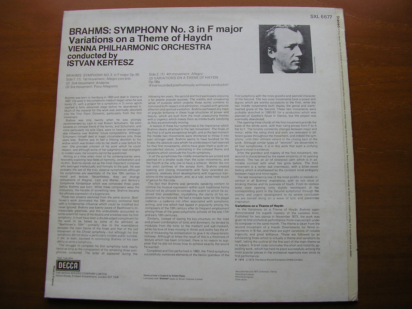 BRAHMS: SYMPHONY No. 3 / HAYDN VARIATIONS KERTESZ / VIENNA PHILHARMONIC SXL 6677