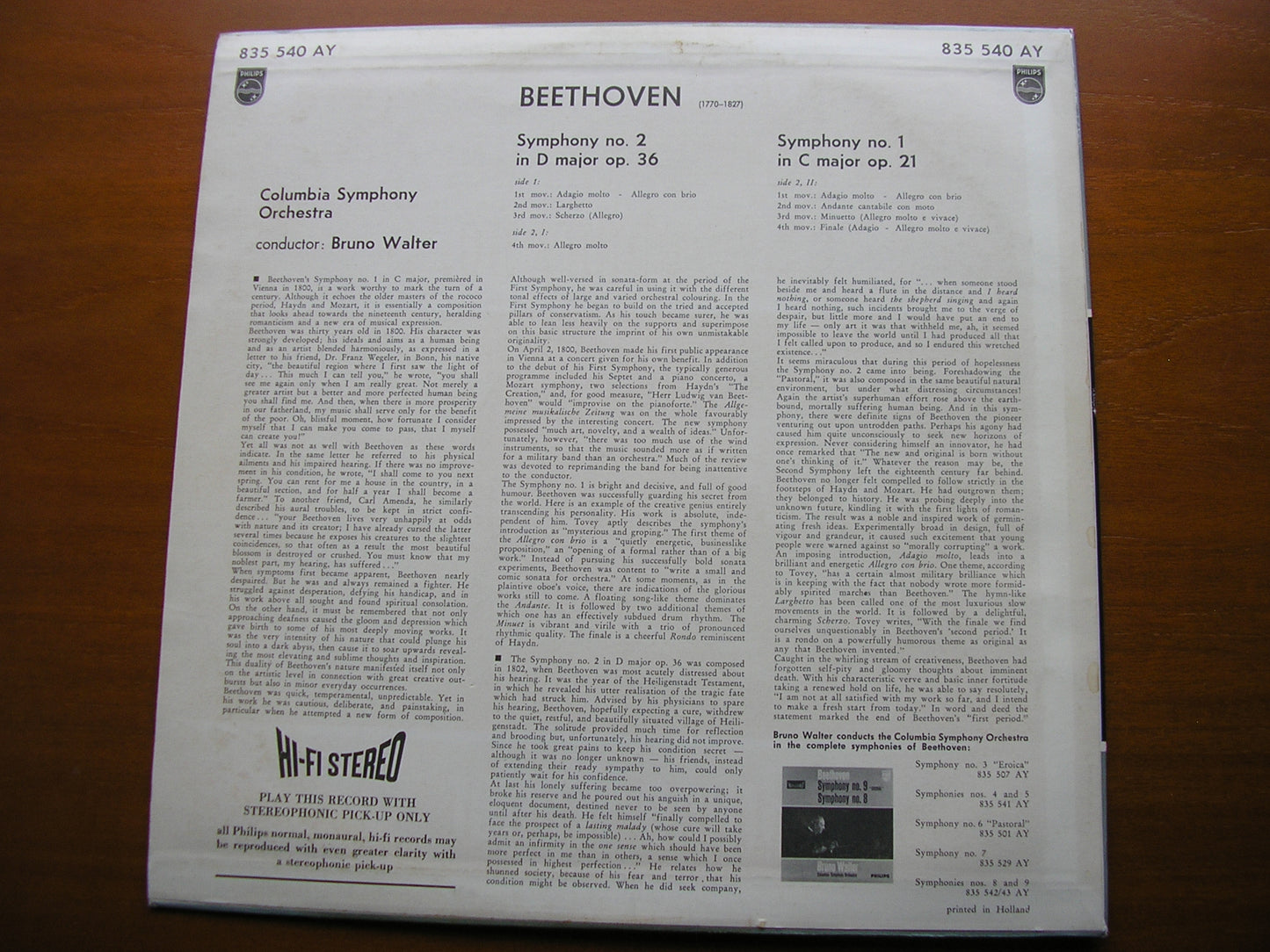 BEETHOVEN: SYMPHONIES Nos. 1 & 2 WALTER / COLUMBIA SYMPHONY 835 540 AY