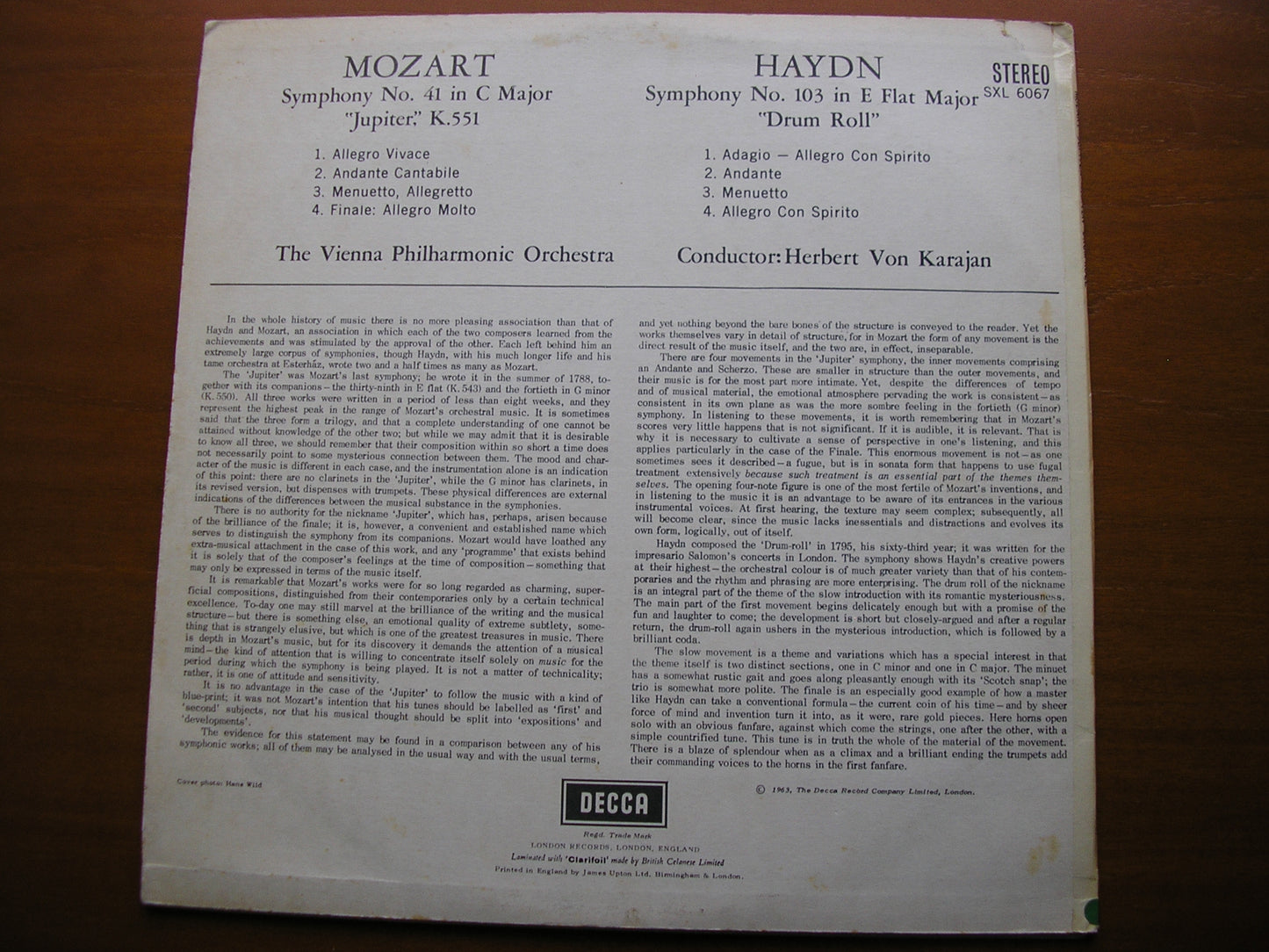 MOZART: SYMPHONY No. 41 'Jupiter' / HAYDN: SYMPHONY No.103 'Drumroll'    KARAJAN / VIENNA PHILHARMONIC   SXL 6067