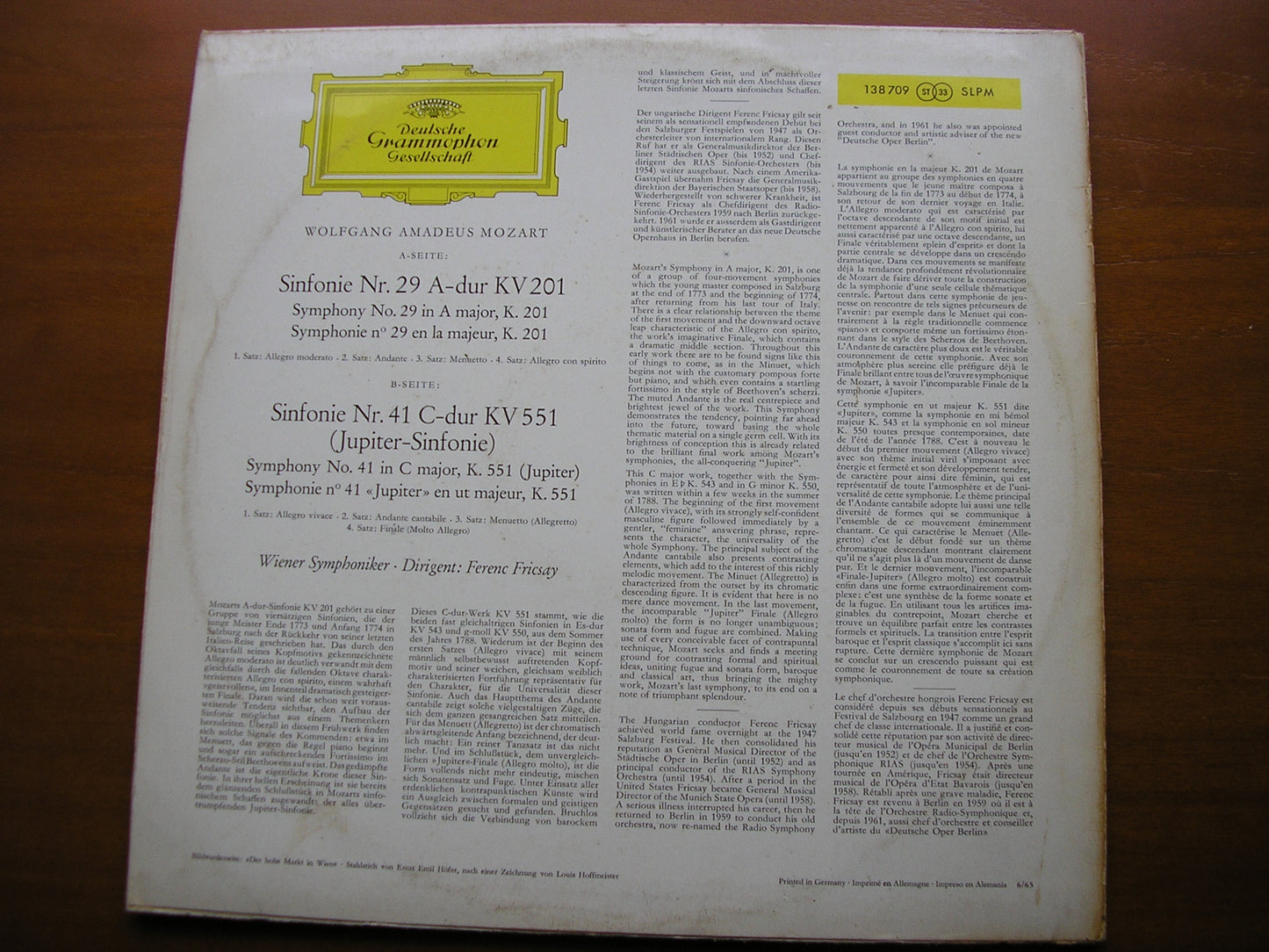 MOZART: SYMPHONIES Nos. 29 & 41 'Jupiter' FRICSAY / VIENNA SYMPHONY 138 709