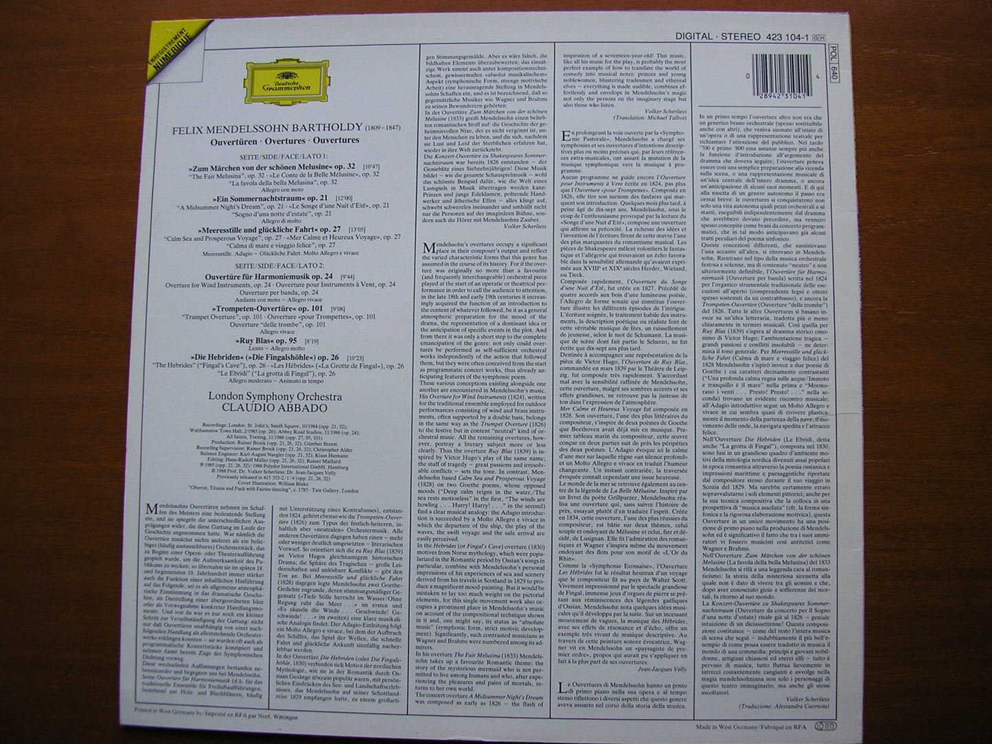 MENDELSSOHN: SEVEN OVERTURES ABBADO / LONDON SYMPHONY 423 104