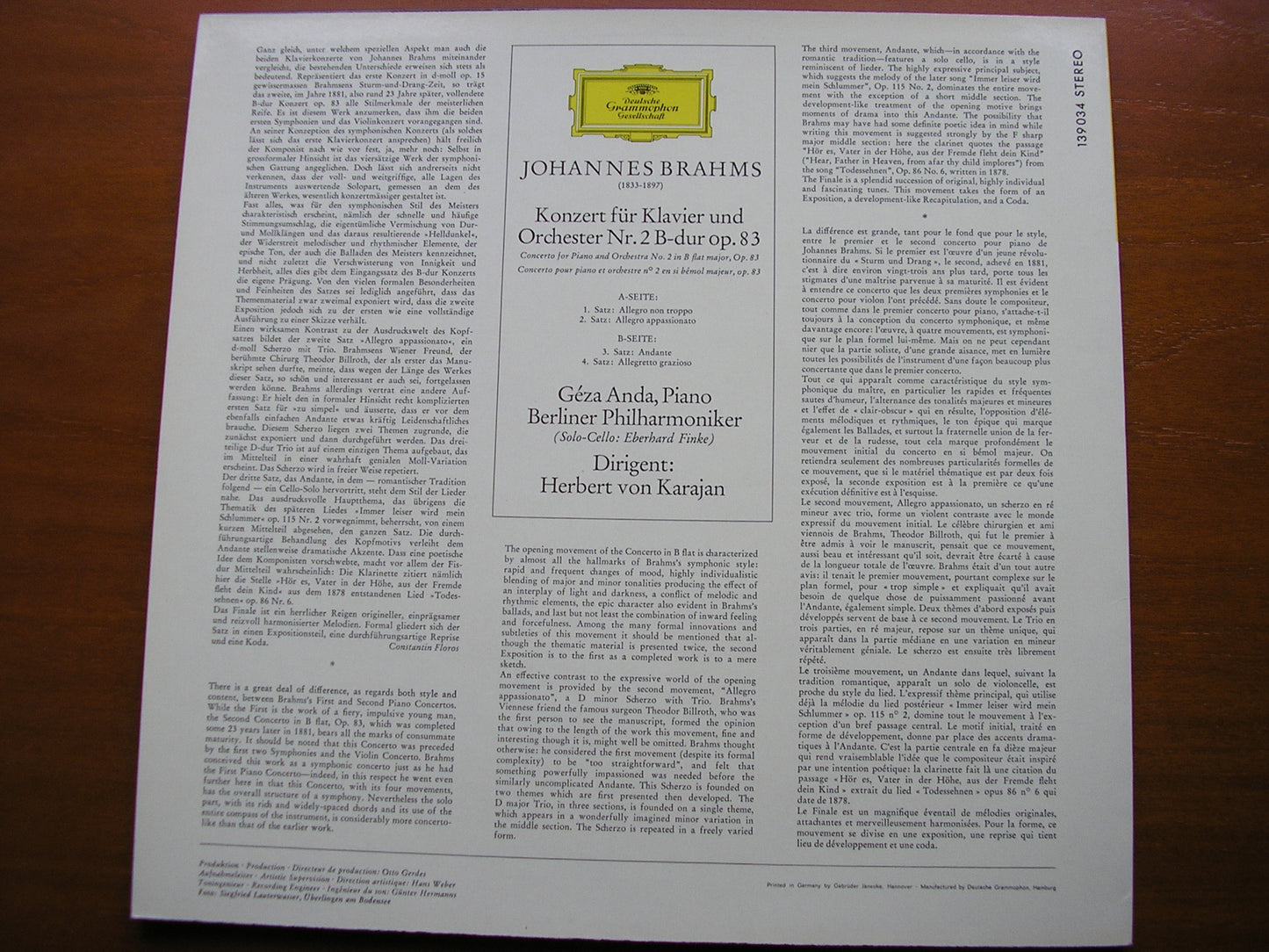 BRAHMS: PIANO CONCERTO No. 2 ANDA / BERLIN PHILHARMONIC / KARAJAN 139 034