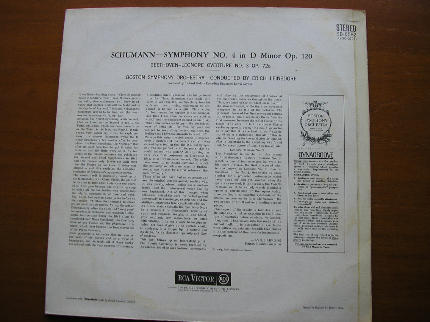 SCHUMANN: SYMPHONY No. 4 / BEETHOVEN: LEONORA No. 3 LEINSDORF / BOSTON SYMPHONY SB 6582