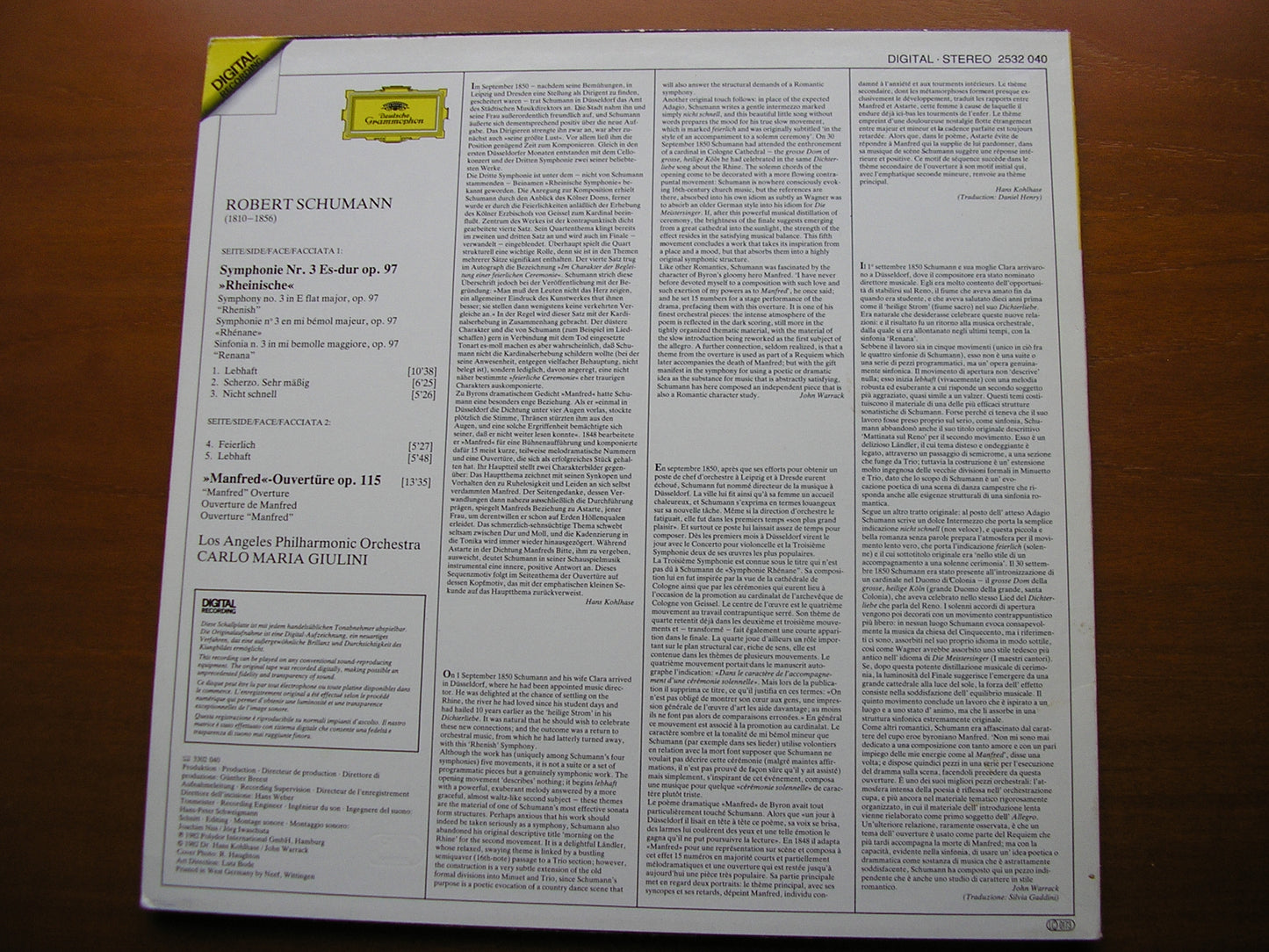 SCHUMANN: SYMPHONY No. 3 'Rheinische' / MANFRED OVERTURE GIULINI / LOS ANGELES PHILHARMONIC 2532 040