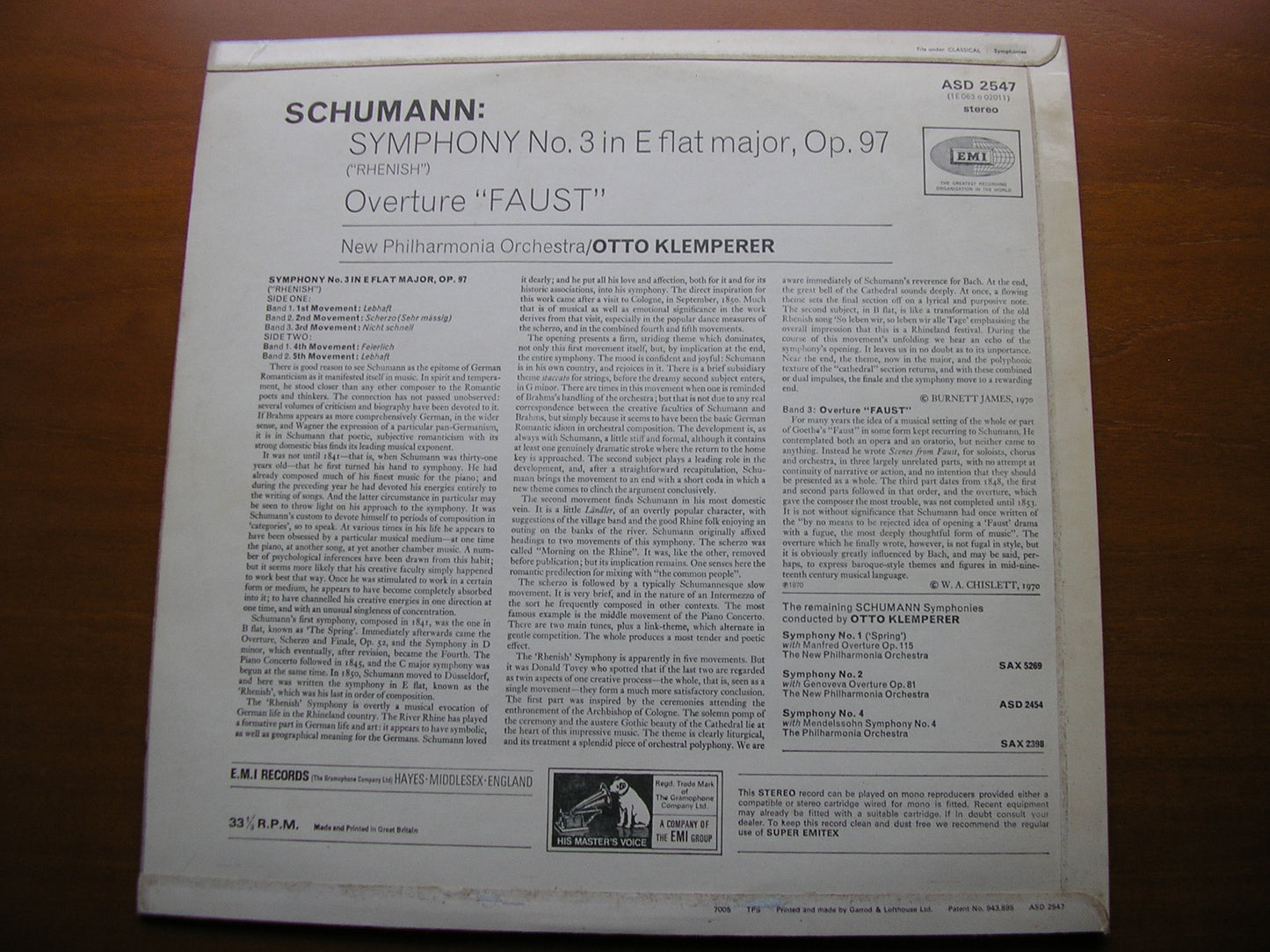 SCHUMANN: SYMPHONY No. 3 'Rhenish' /  FAUST OVERTURE     KLEMPERER / NEW PHILHARMONIA    ASD 2547