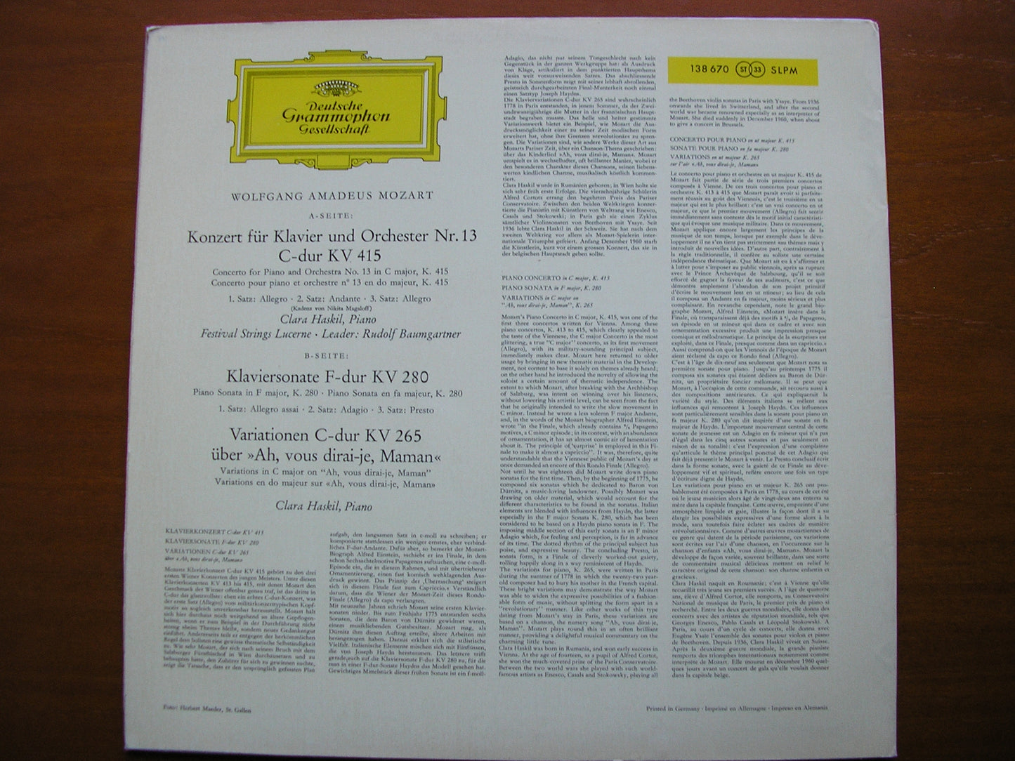 MOZART: PIANO CONCERTO No. 13 / PIANO SONATA K280 / VARIATIONS K 265     HASKIL / LUCERNE FESTIVAL / BAUMGARTNER    138 670