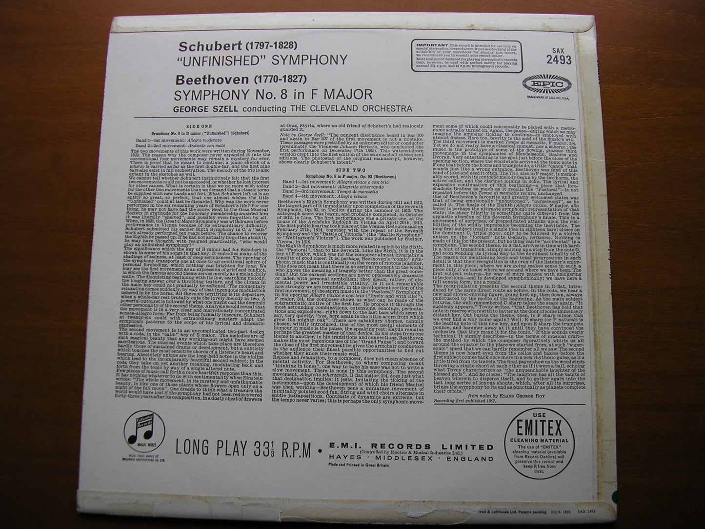 SCHUBERT: UNFINISHED / BEETHOVEN: SYMPHONY No. 8 SZELL / CLEVELAND ORCHESTRA SAX 2493