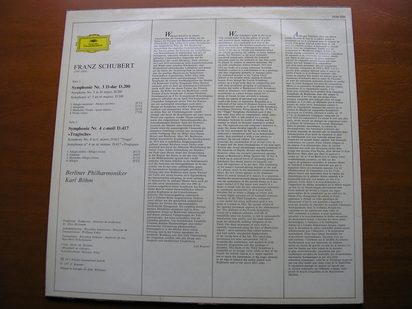 SCHUBERT: SYMPHONIES Nos. 3 & 4      BOHM / BERLIN PHILHARMONIC   2530 526
