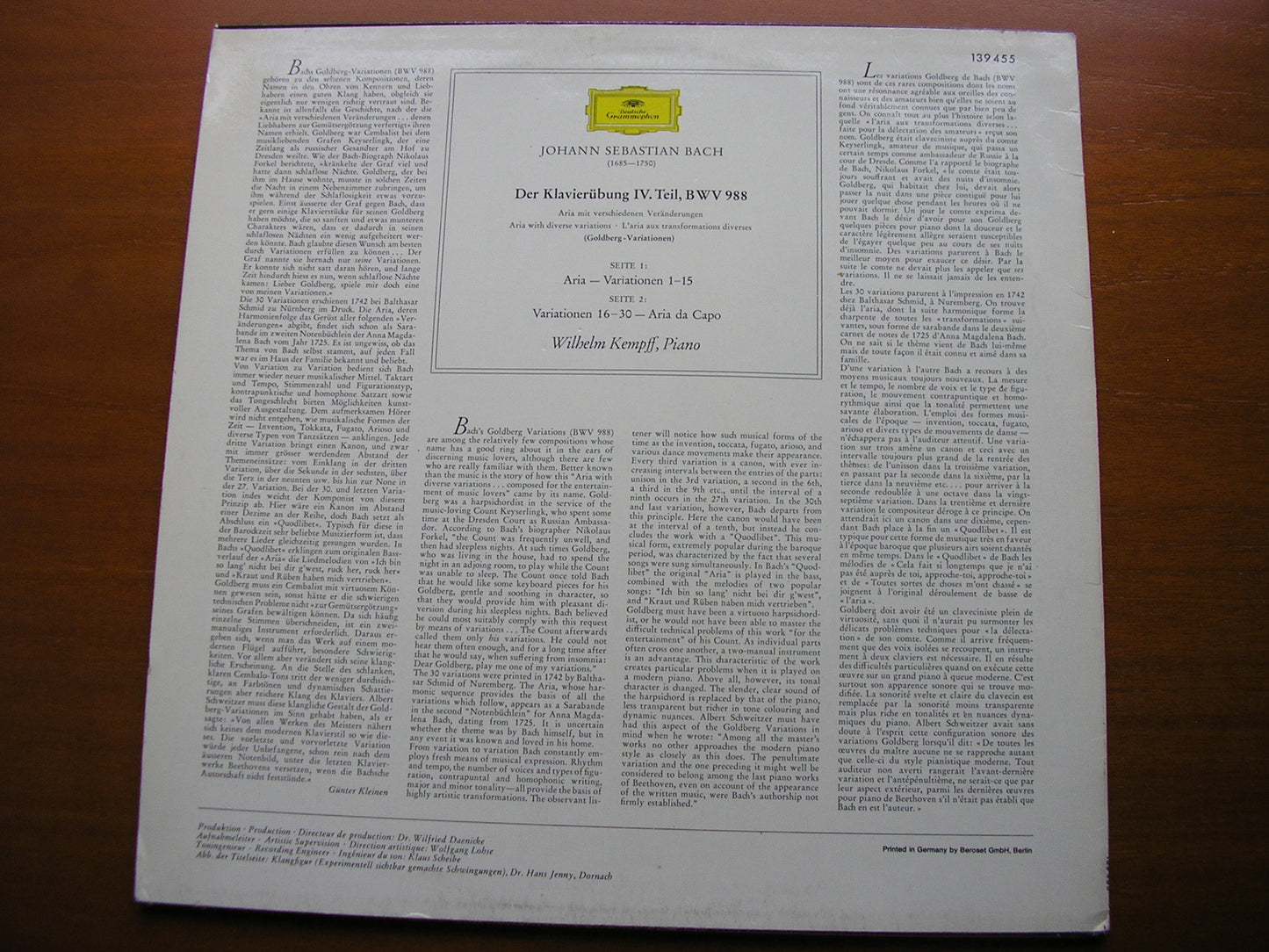 BACH: GOLDBERG VARIATIONS    WILHELM KEMPFF     139 455
