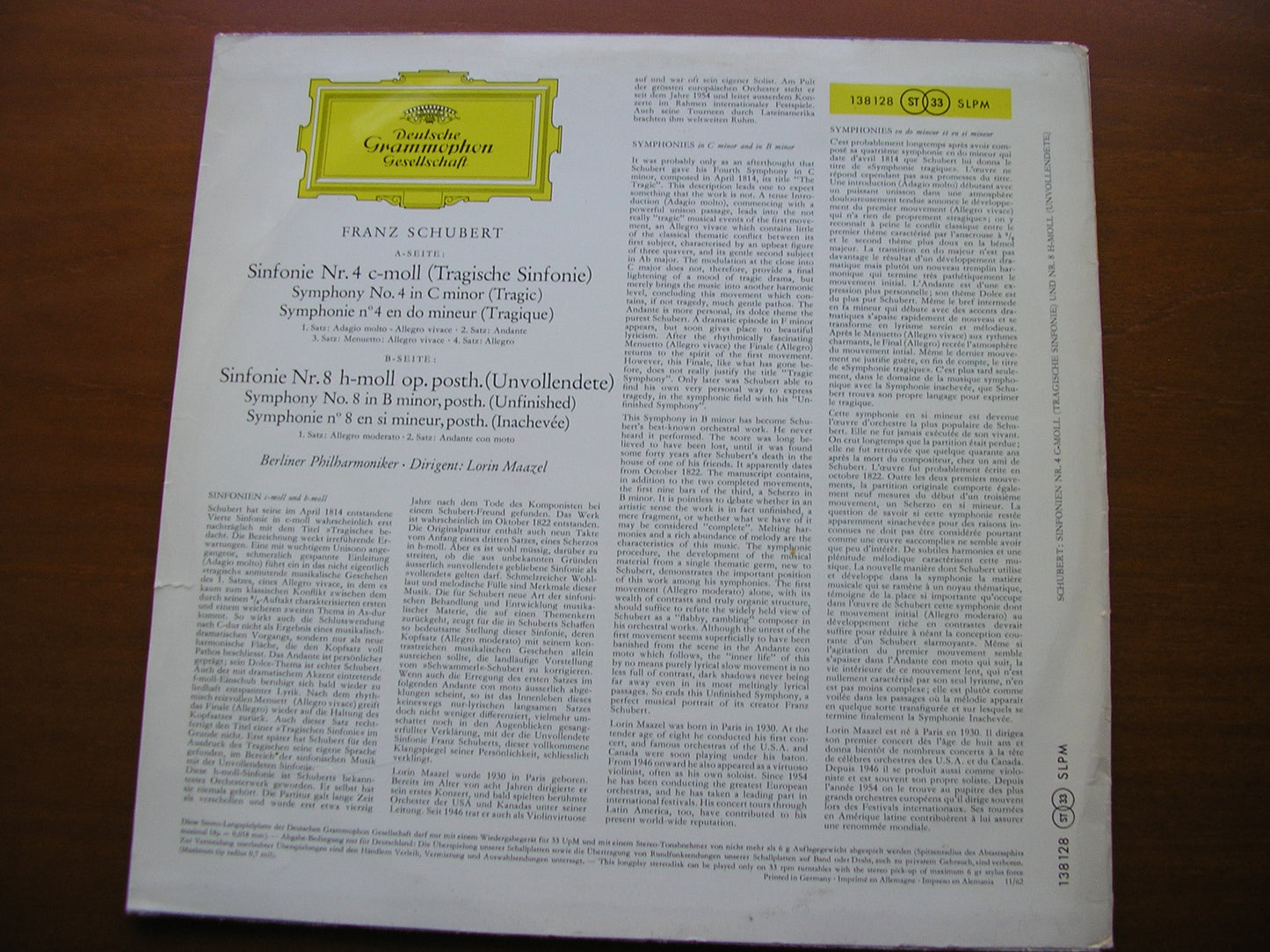 SCHUBERT: SYMPHONIES Nos. 4 'TRAGIC' & 8 'UNFINISHED' MAAZEL / BERLIN PHILHARMONIC 138 128
