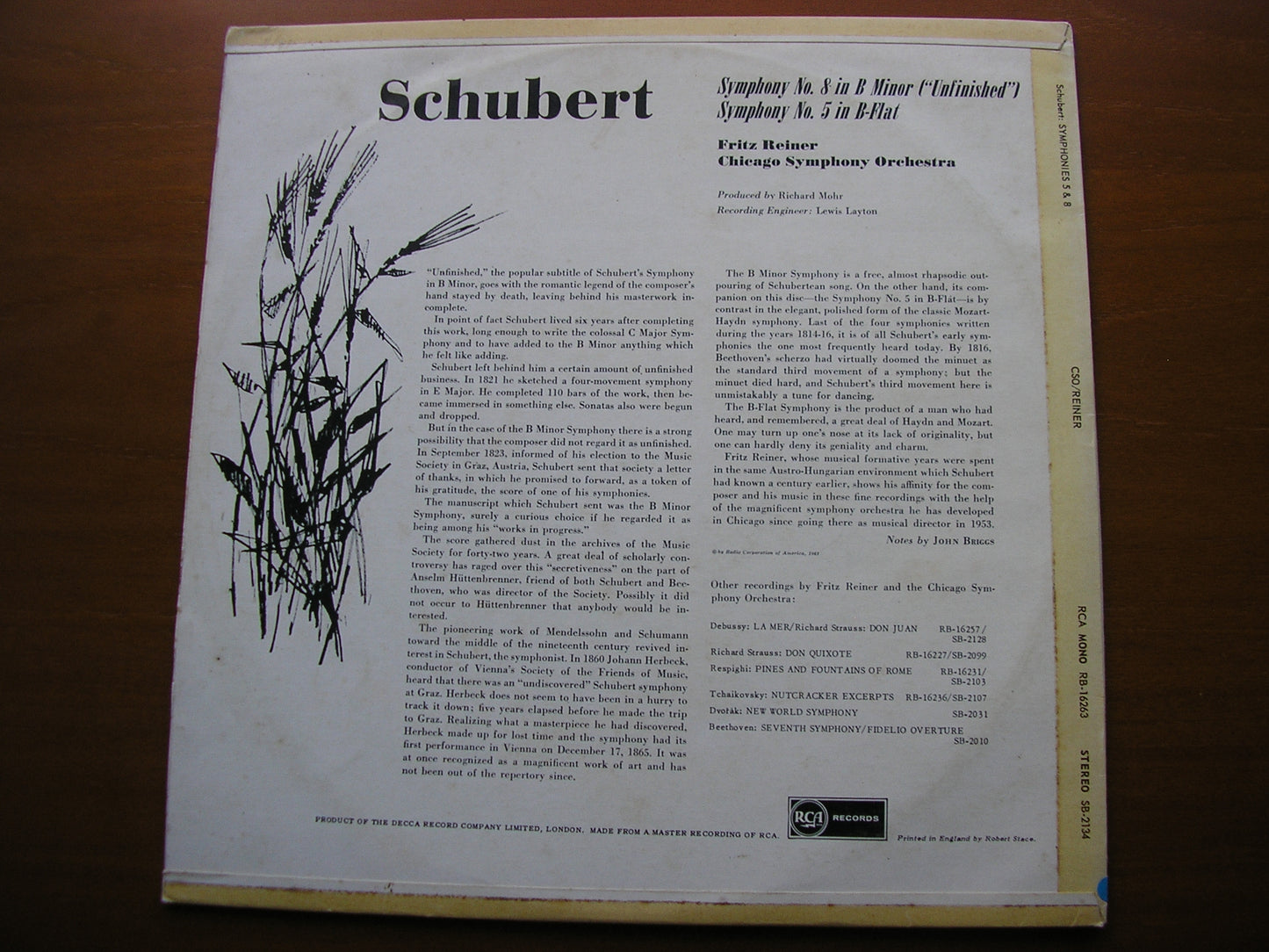 SCHUBERT: SYMPHONIES Nos. 5 & 8 'UNFINISHED'     REINER / CHICAGO SYMPHONY    SB 2134